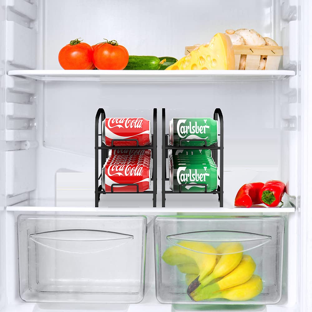 AULEDIO Stackable Beverage Can Dispenser Rack - 2 Pack Black Canned Food Organizer for Pantry & Refrigerator Storage | Perfect for Soda, Beer & Energy Drink Organization at Home or Office