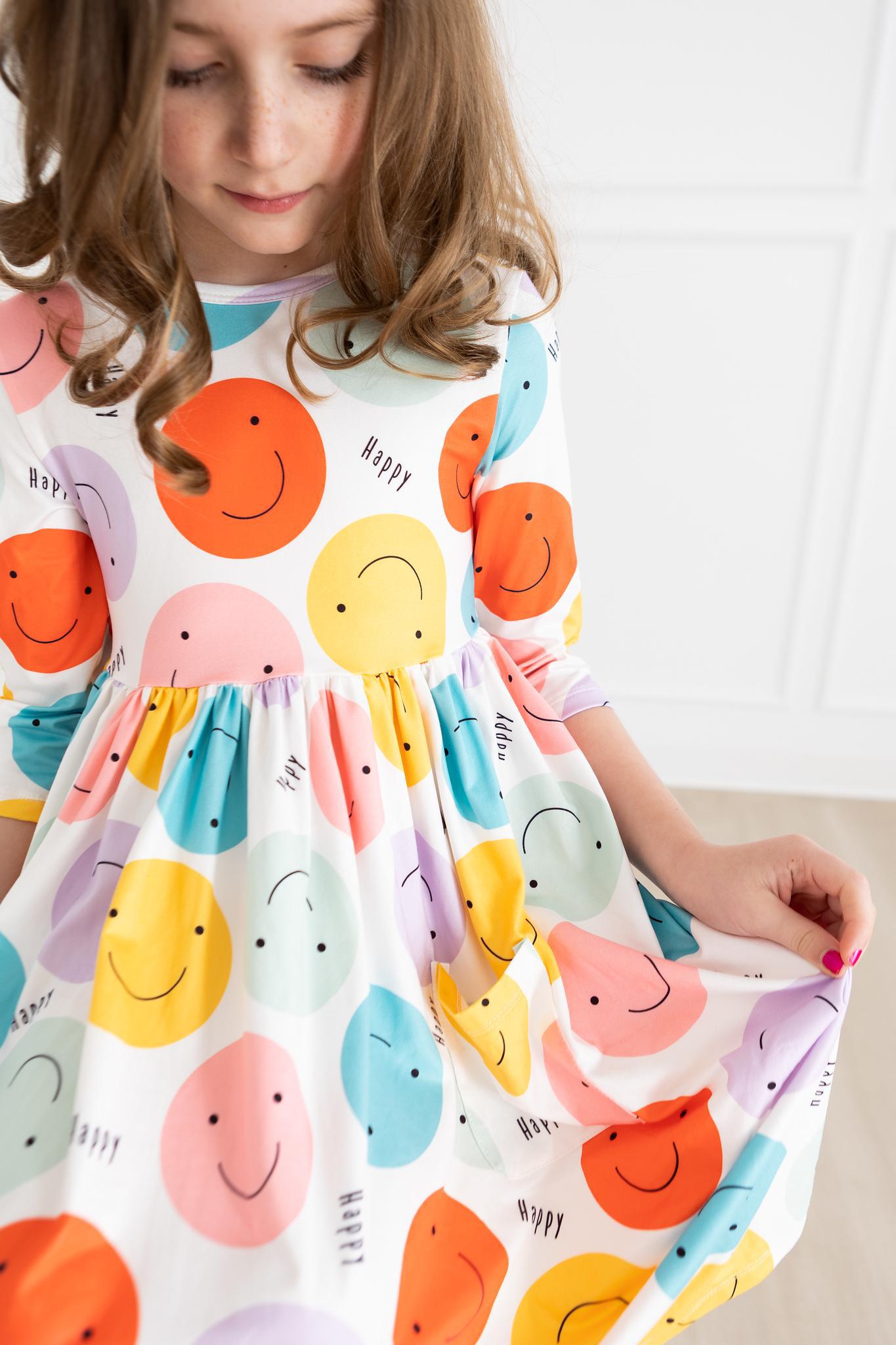 Happy Days 3/4 Sleeve Pocket Twirl Dress for Girls - Perfect for Parties, School & Playtime
