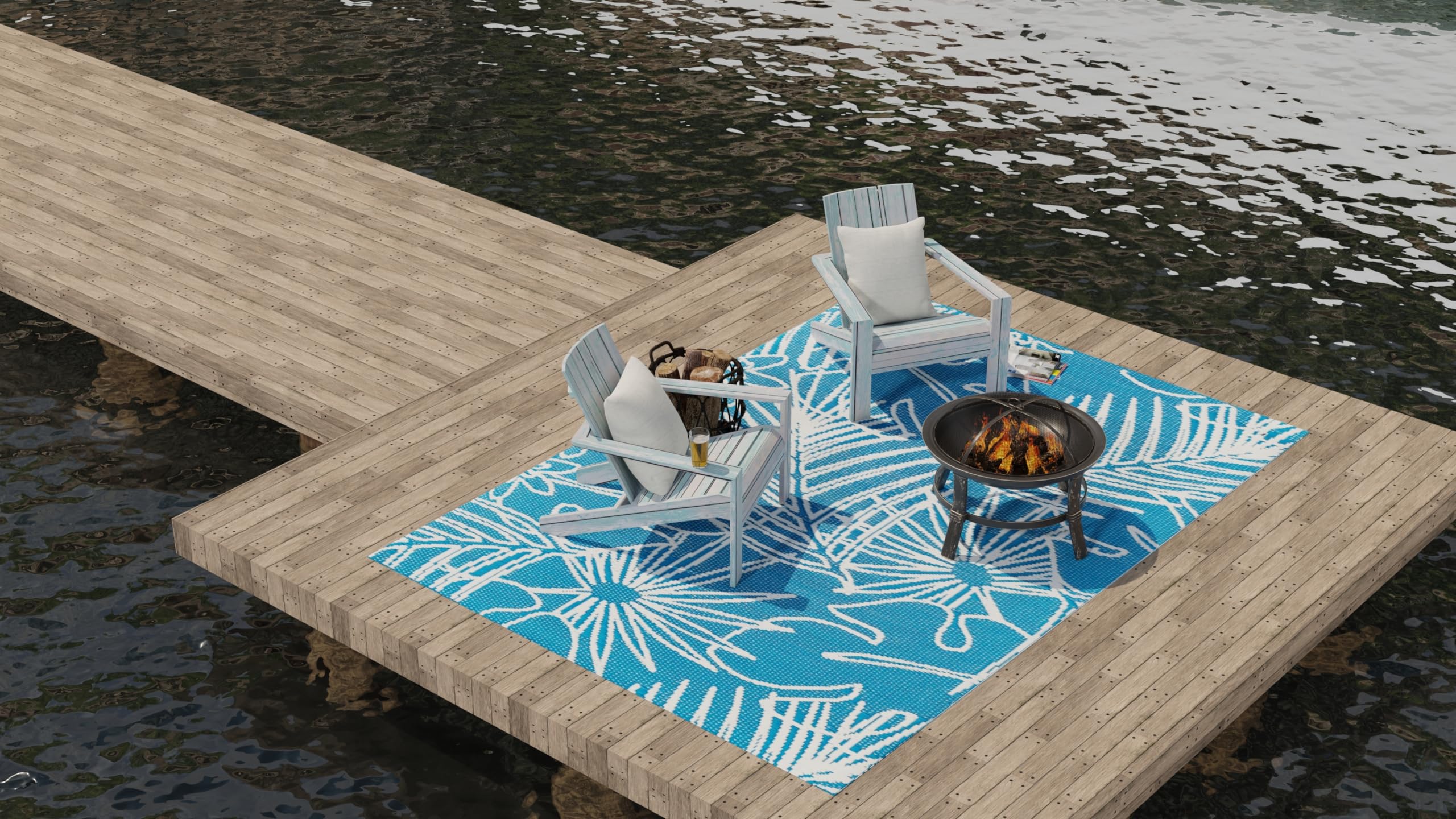 Mad Mats Reversible Plastic Outdoor Rug - 6' x 9' Turquoise/White Palm Design for Patio, Porch, Deck, Kitchen & Bath - Durable & Easy to Clean for Indoor/Outdoor Use
