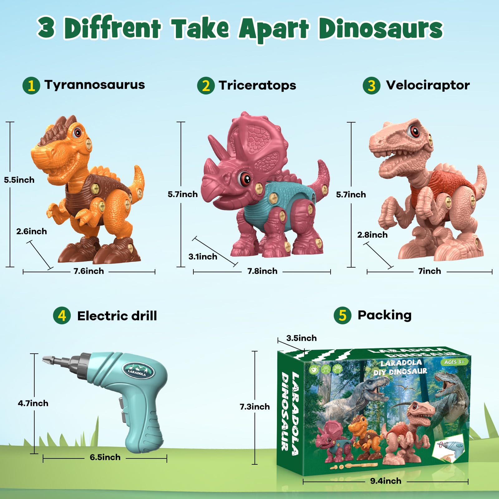 Laradola STEM Take Apart Dinosaur Toys for Kids Ages 3-8 - Construction Building Toys with Electric Drill - Educational Birthday Gifts for Boys & Girls (Blush Pink) | Perfect for STEM Learning, Creative Play & Birthday Parties