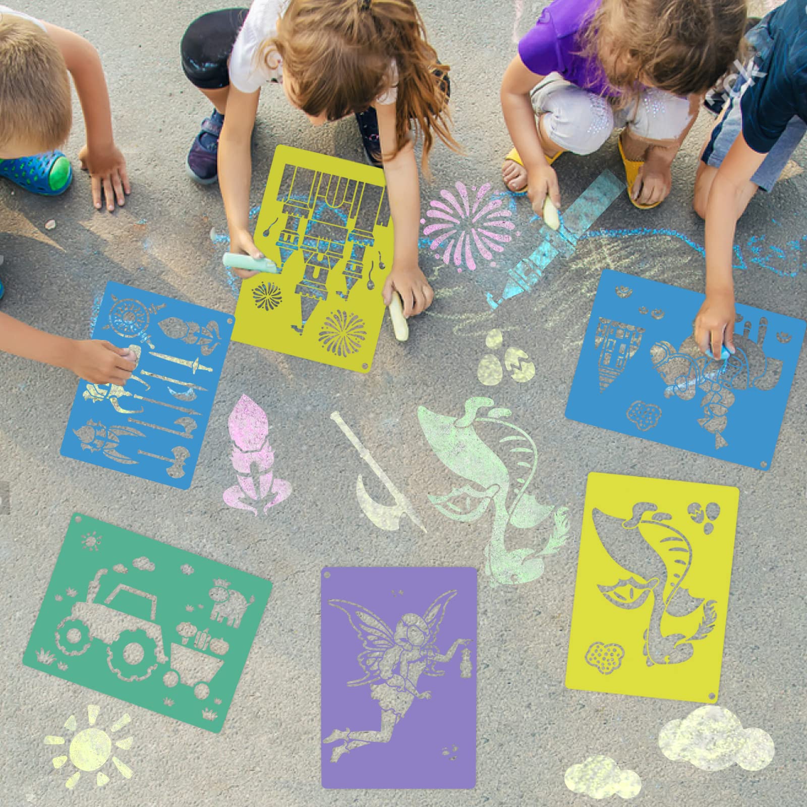 30 PCS Large Colorful Sidewalk Chalk Stencils for Kids - 7 x 9.85 Inch Reusable Drawing Templates, Washable Craft Fun for Outdoor Play, Birthday Parties & DIY Art Projects