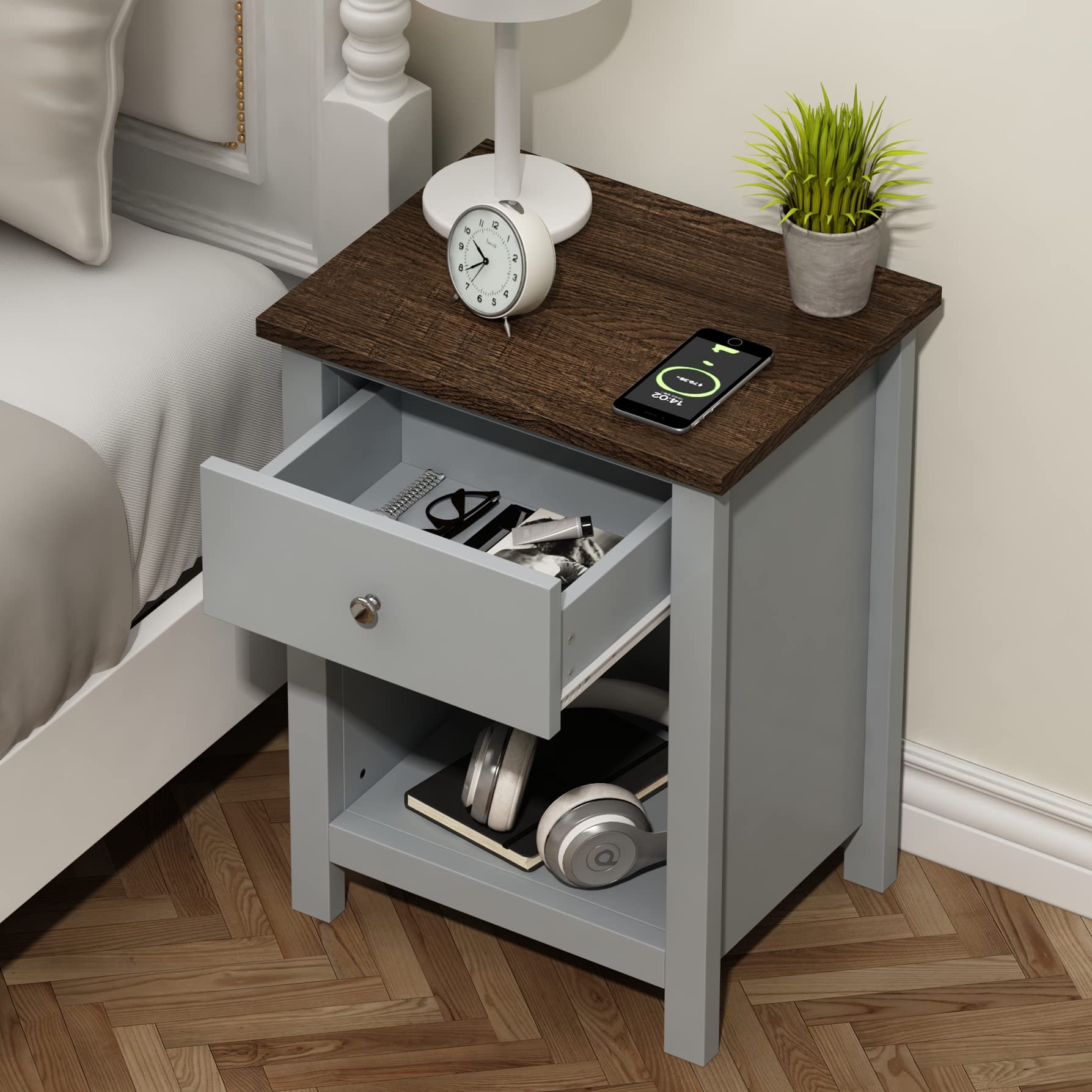 ChooChoo Nightstand - Wooden Bedside Table with Drawer & Storage Cabinet, Gray End Table for Bedroom & Living Room - Perfect for Small Spaces, Apartment Decor & Guest Rooms