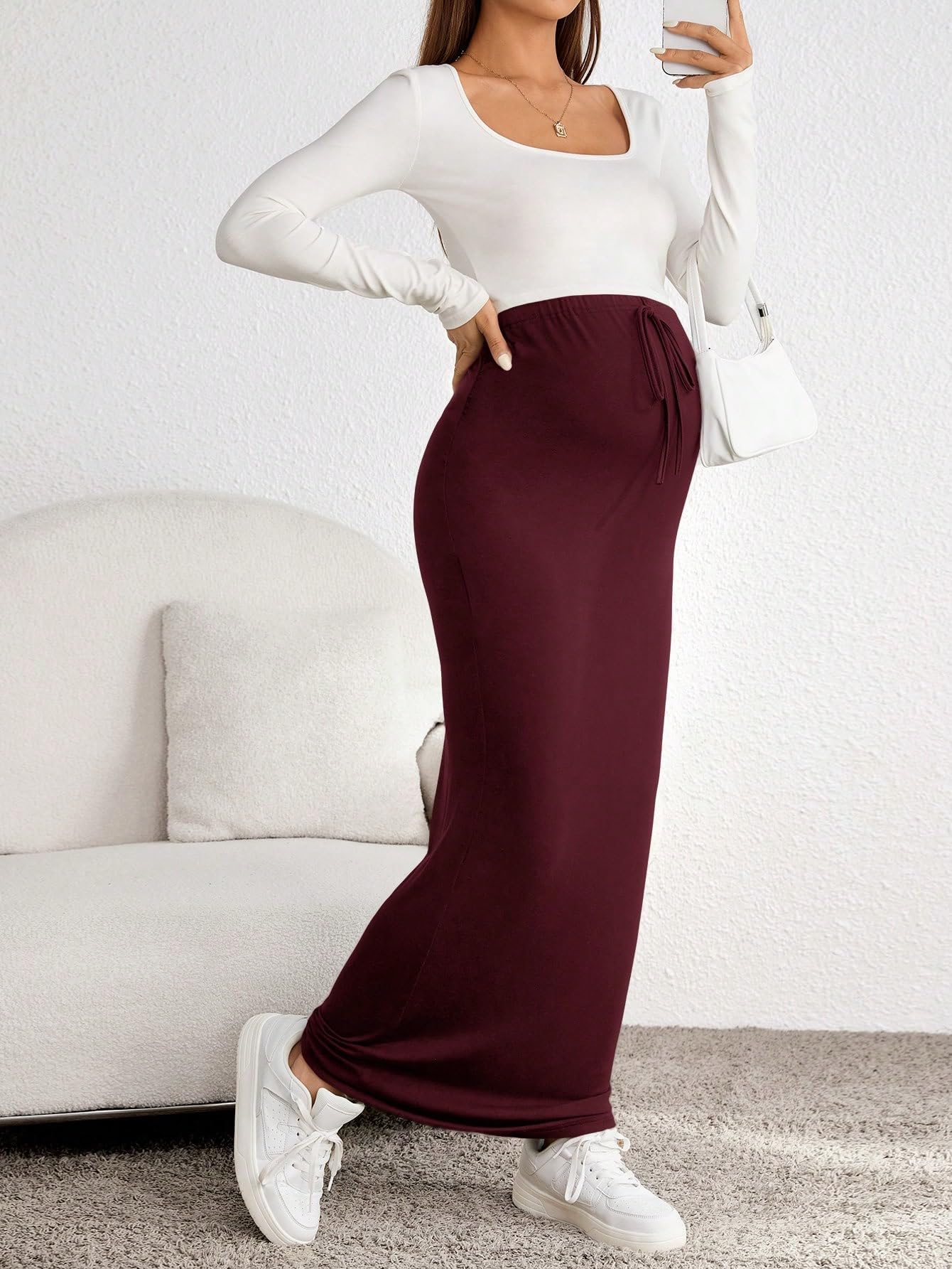 SHENHE Women's Maternity Maxi Skirt - Soft Knit Fabric with Adjustable Waist Drawstring for Pregnancy Comfort - Perfect for Casual Wear, Office, and Maternity Photos