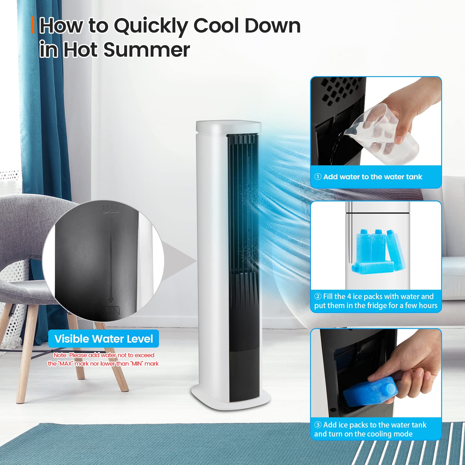 COSTWAY 40-Inch Portable Evaporative Air Cooler with Remote Control - Bladeless Cooling Tower Fan with 4 Speeds, 7H Timer, 60° Oscillation - Includes 4 Ice Packs - Quiet Swamp Cooler for Home, Office, Bedroom & Outdoor Use