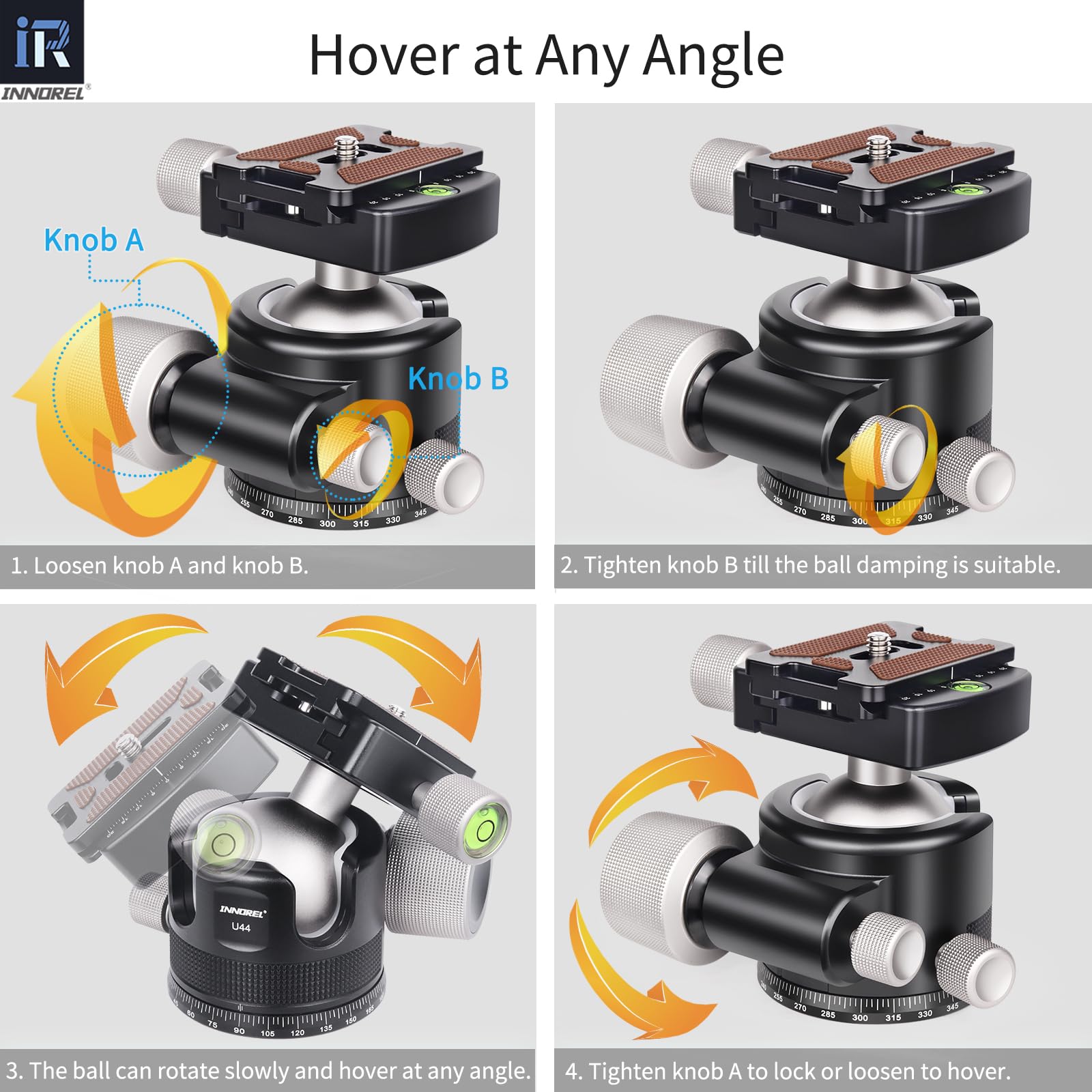 INNOREL 44mm Low Profile Camera Tripod Ball Head - CNC Metal Heavy Duty 360° Panoramic Tripod Head with Arca 1/4