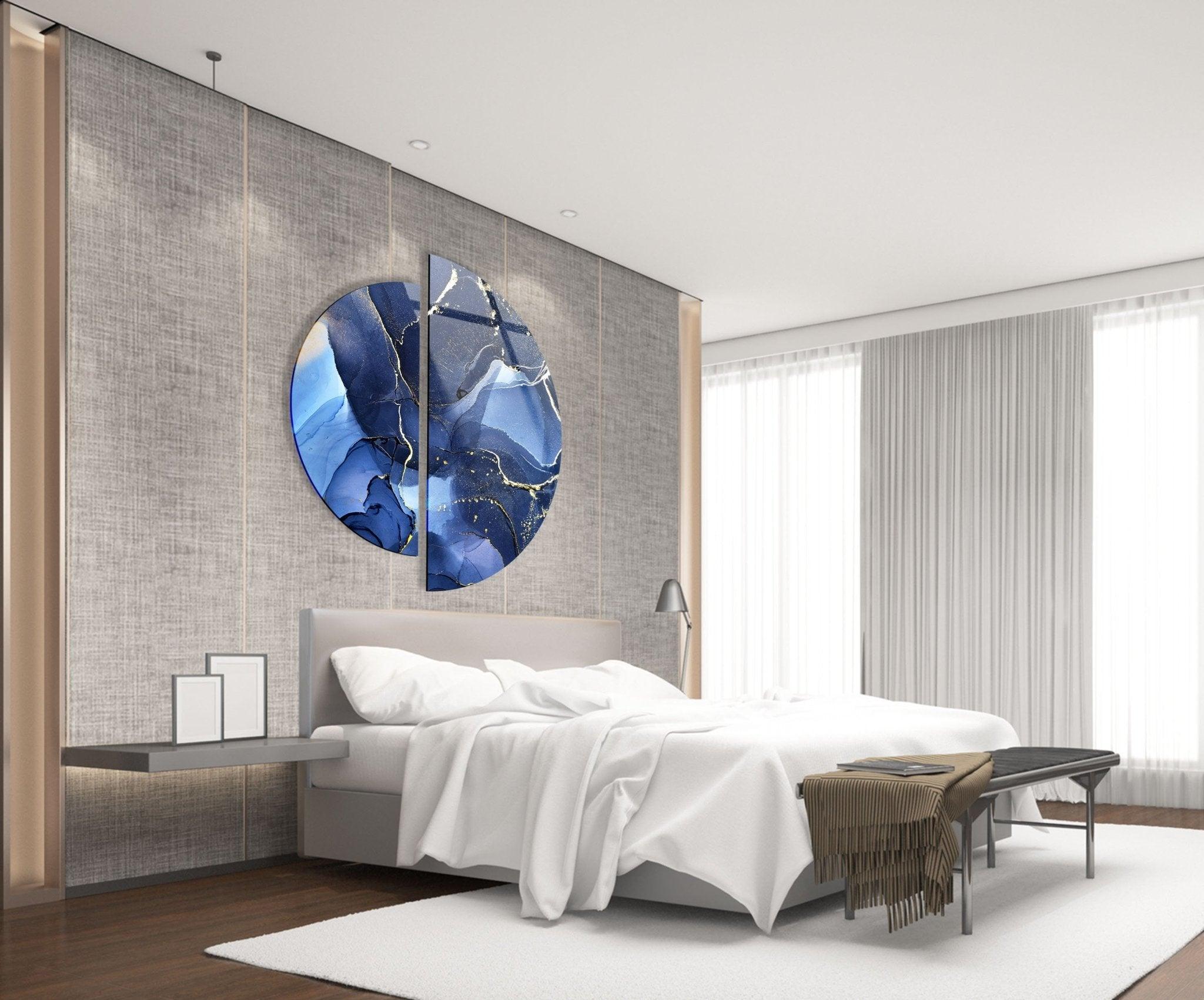 2 Piece Circular Dark Blue Marble Glass Wall Art Set - Modern Home Decor for Living Room, Bedroom, Office - Elegant Handmade Glass Mosaic Wall Hangings for Interior Design
