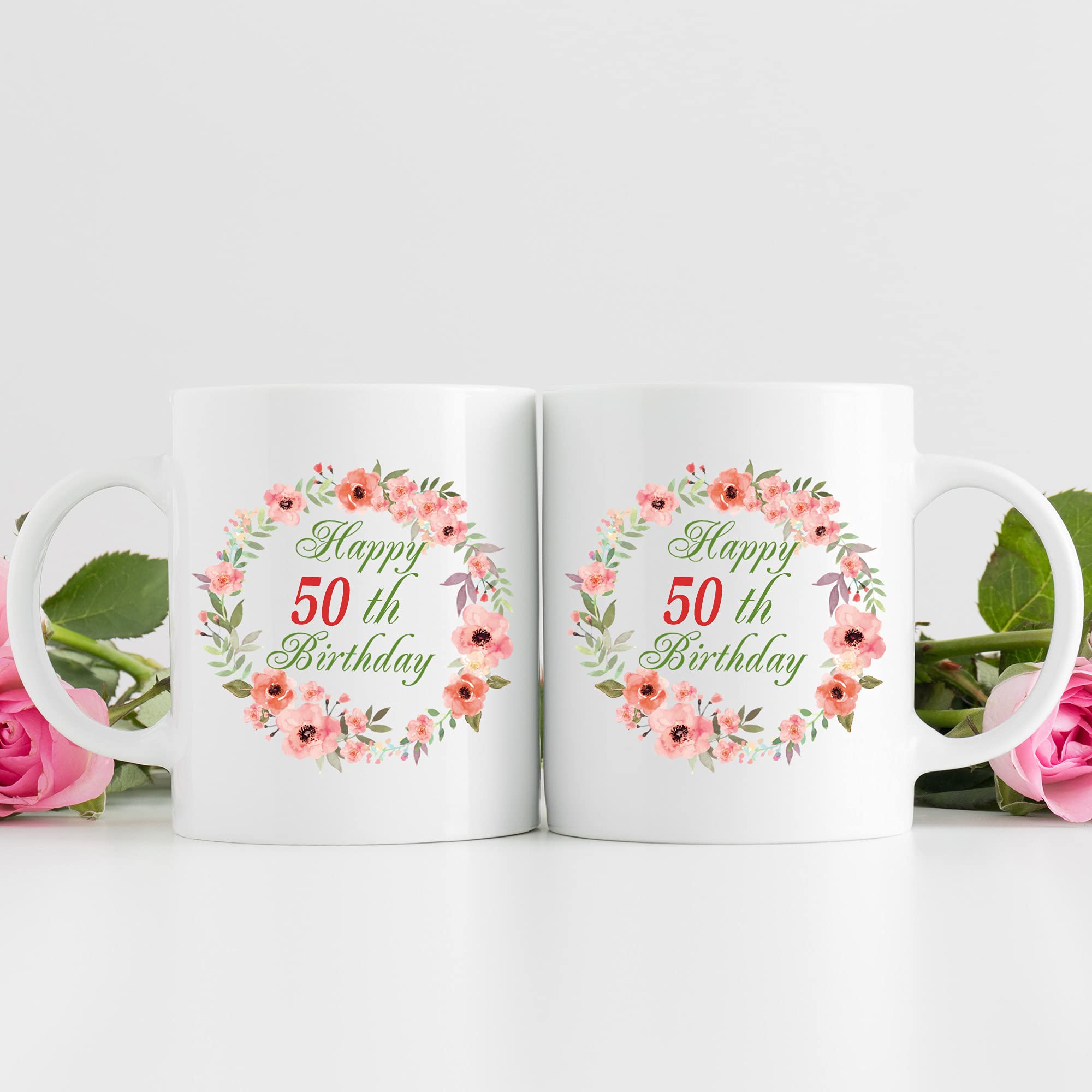 **50th Birthday Gifts for Women - Happy 50th Birthday Coffee Mug with Garland Design - 11 oz Ceramic Mug for Mom, Daughter, Sister, Wife, Friend, Aunt - Perfect for Coffee, Tea & Celebrations**