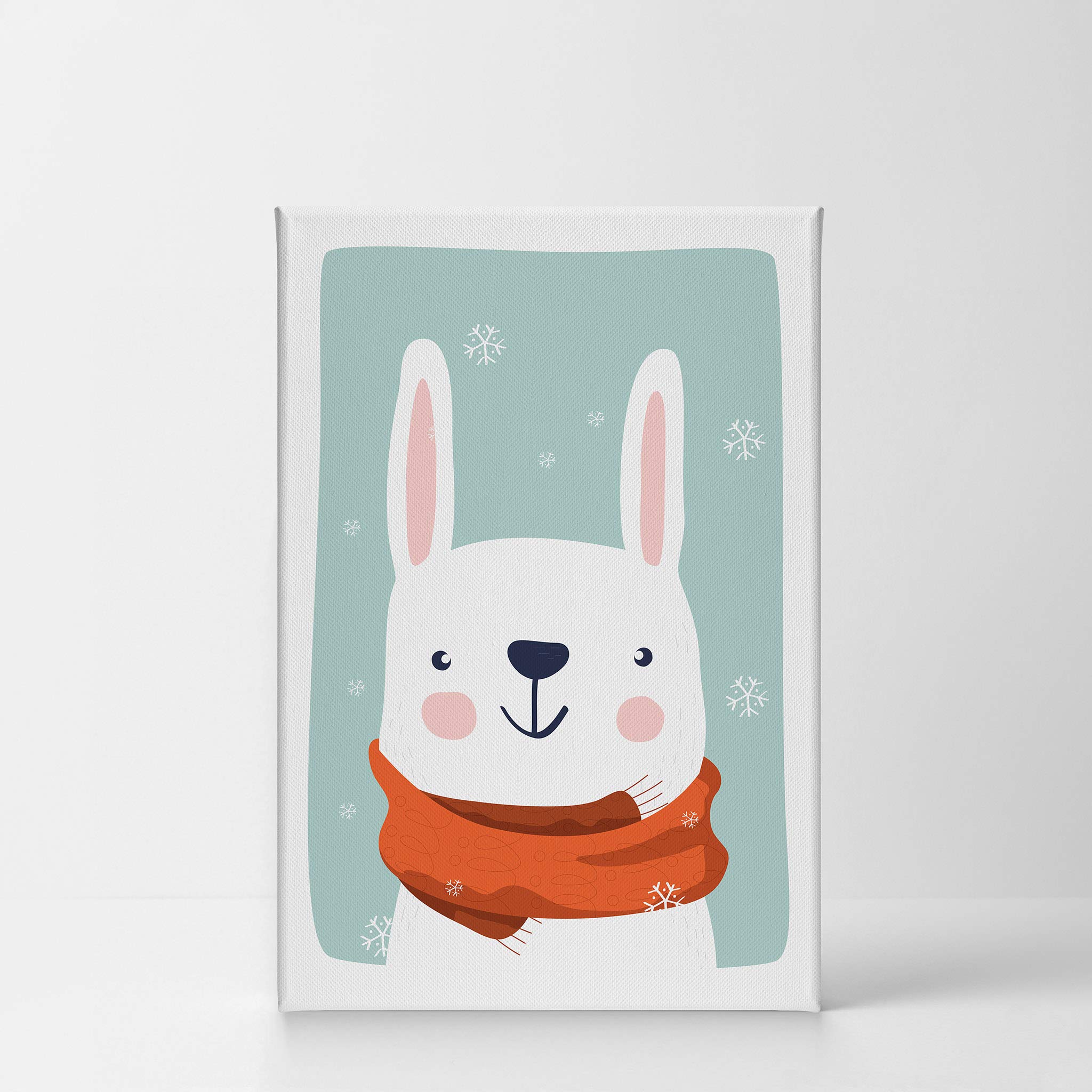 Cute Rabbit Winter Theme Canvas Print - Turquoise Background Wall Art for Kids Room, Nursery & Baby Room Decor - Ready to Hang 40x30 - Made in USA | Perfect for Children's Bedroom, Playroom & Gift Ideas