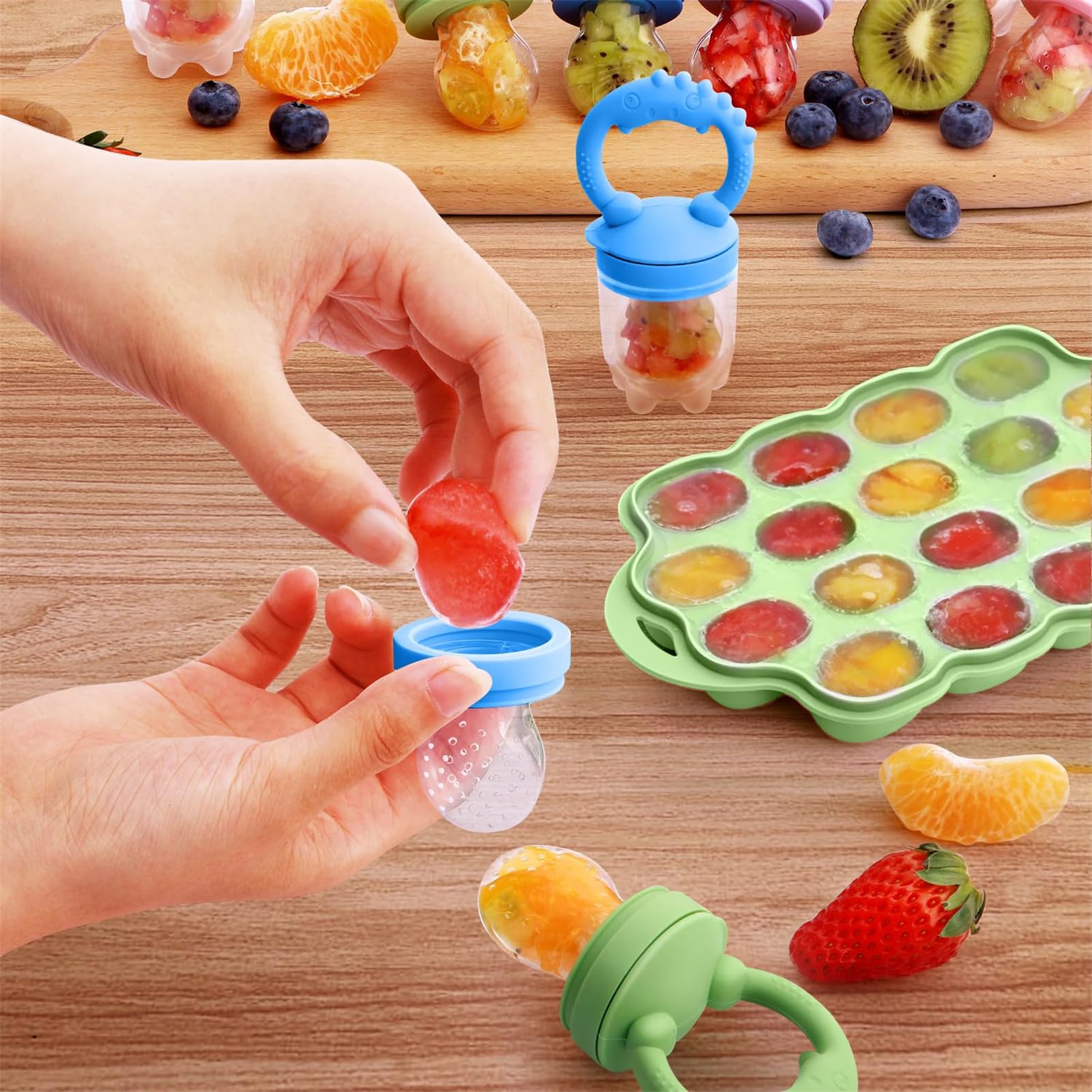 Organic Silicone Baby Fruit Feeder & Breastmilk Popsicle Molds - BPA Free Freezer Tray with Lid, 2 Pack Infant Teething Relief & Self Feeding Tool - Includes 6 Food Pacifiers (Green + Dark Blue) - Perfect for Introducing Solids, Soothing Sore Gums & Making Homemade Baby Food Popsicles