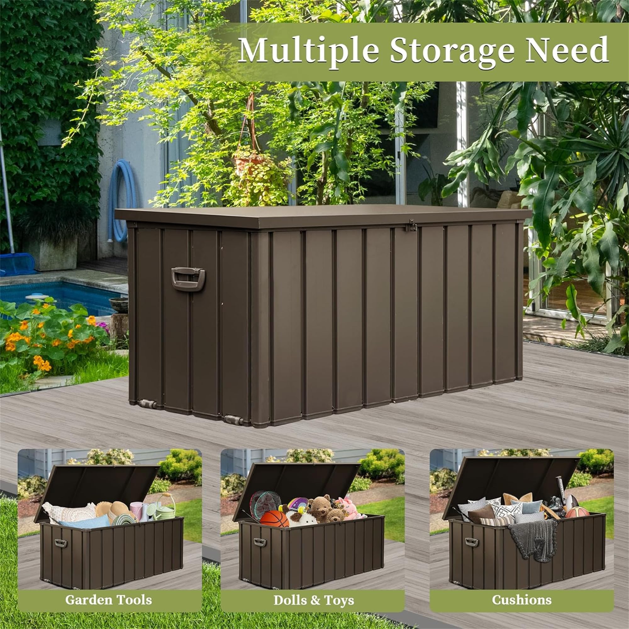 120 Gallon Outdoor Deck Box - Waterproof Patio Storage Bench for Cushions, Garden Tools & Pool Accessories | Durable Dark Brown Deck Storage for Backyard, Patio & Poolside Organization