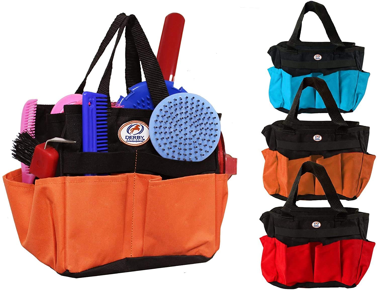 Durable Nylon Horse & Dog Grooming Tote Bag with 6 Pockets & Elastic Straps - Secure Storage for Brushes & Tools (Orange) - Perfect for Stable, Barn & Pet Grooming Sessions