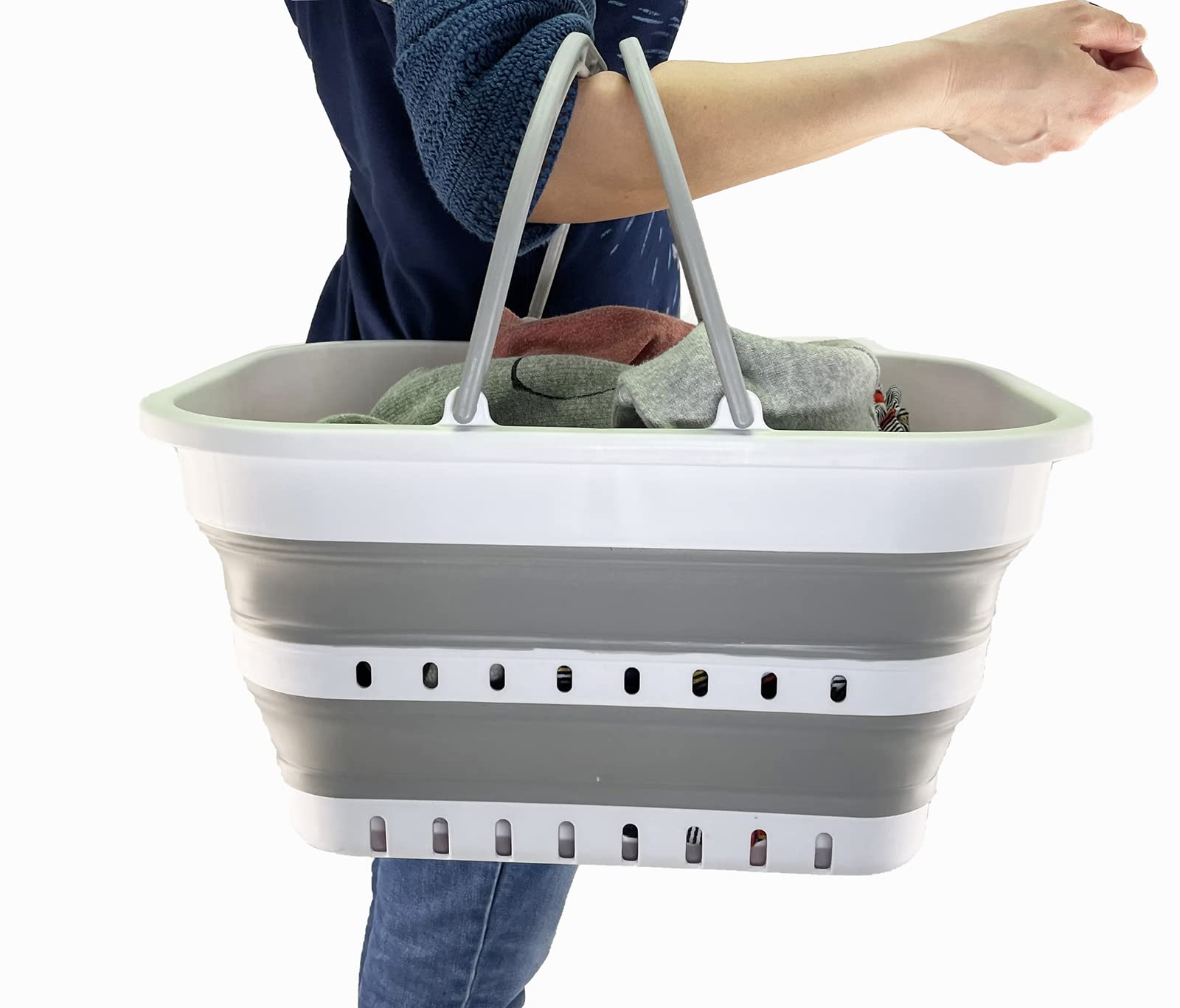 SAMMART 19L Collapsible Shopping Basket - Foldable Laundry Basket for Home & Travel - Portable Picnic Basket for Camping, Beach & Outdoor Activities - Compact Storage Organizer (White/Grey)