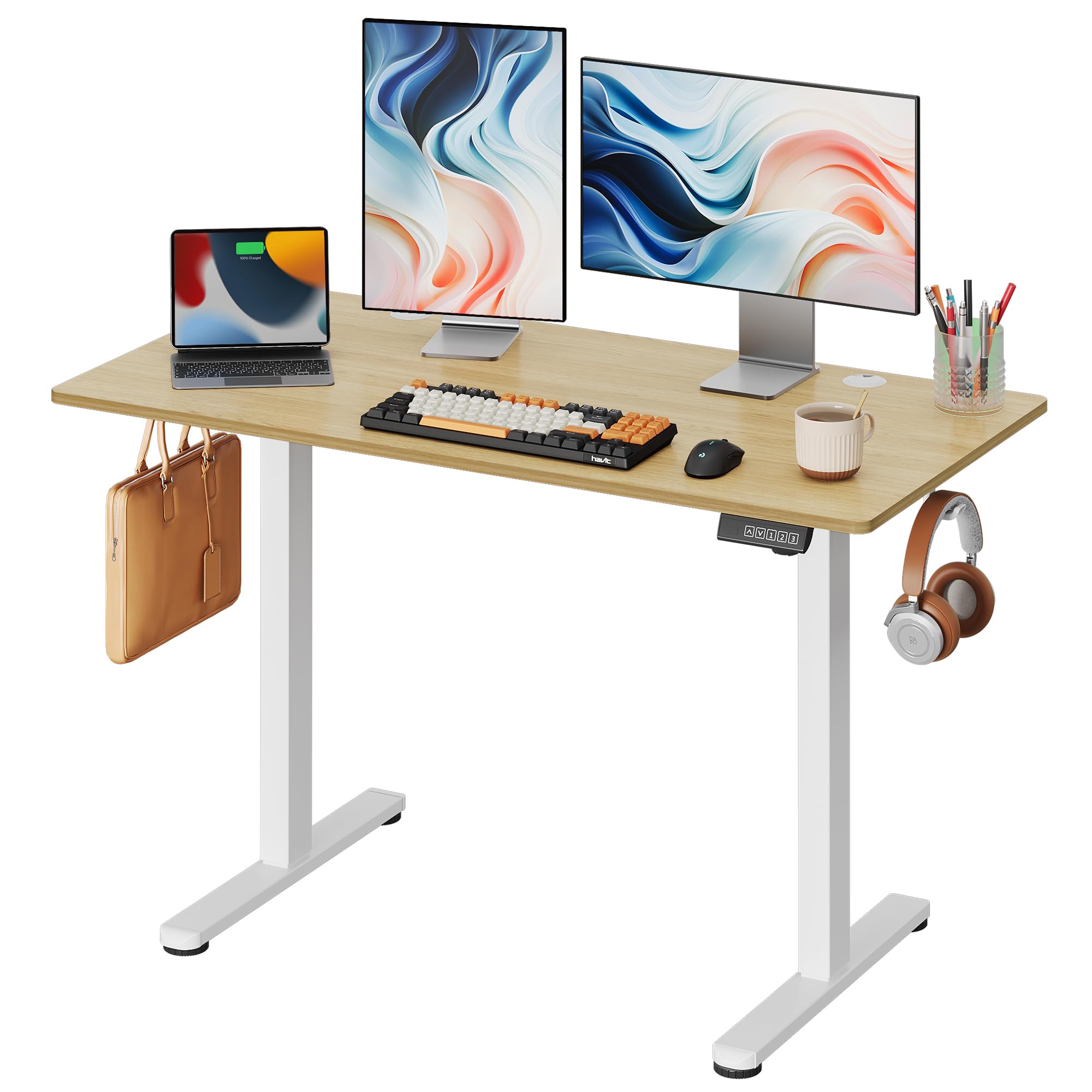 DEVAISE 48 x 24 Inch Electric Adjustable Height Standing Desk with 3 Memory Presets - Sit Stand Computer Desk for Home Office, Ergonomic Workstation with Headphone Hook in Maple Finish - Perfect for Remote Work & Gaming Setup
