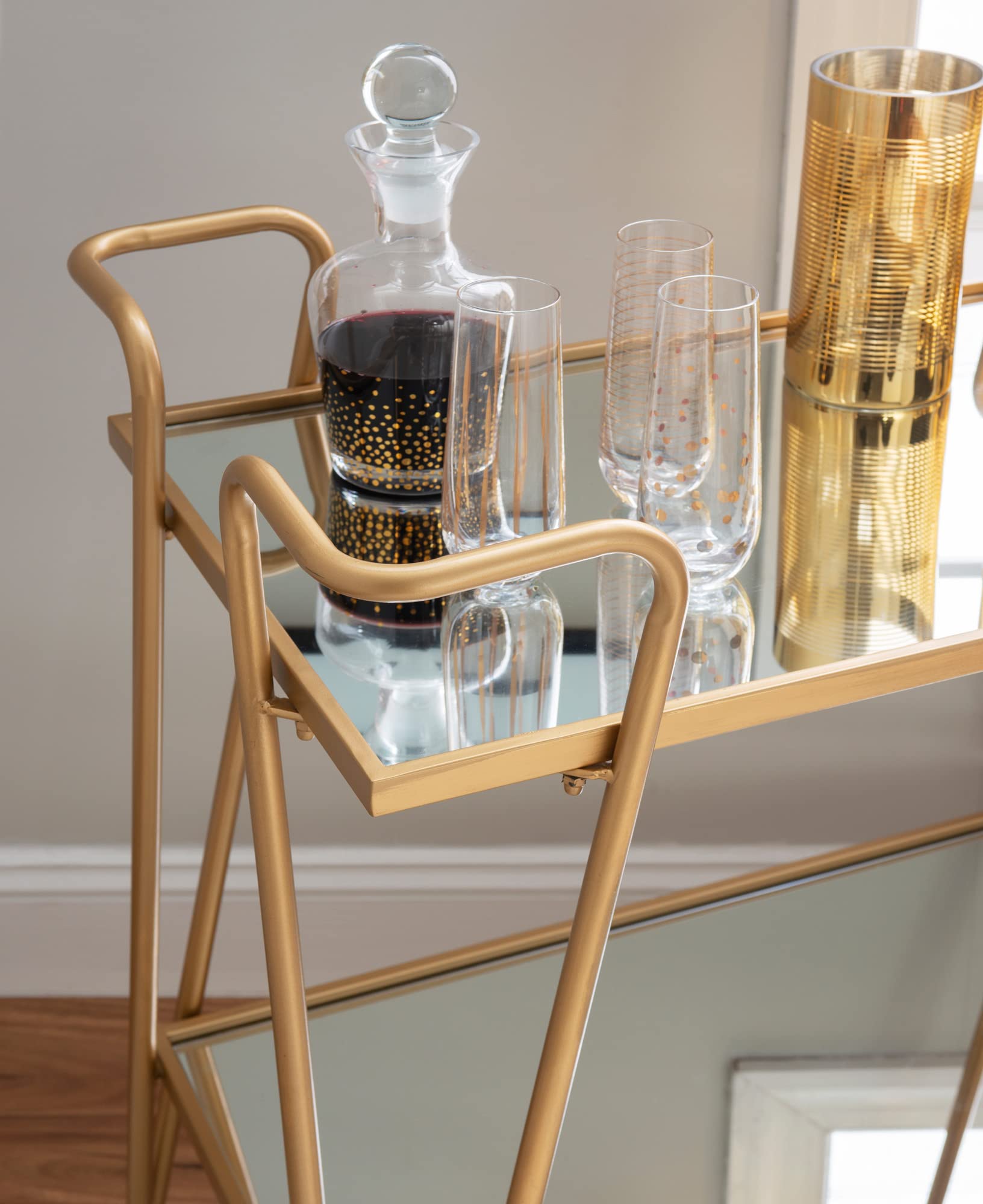 Linon Gina Mid-Century Bar Cart with Wheels - Gold Metal Rolling Drink Cart for Home Bar, Living Room, Kitchen & Outdoor Entertaining