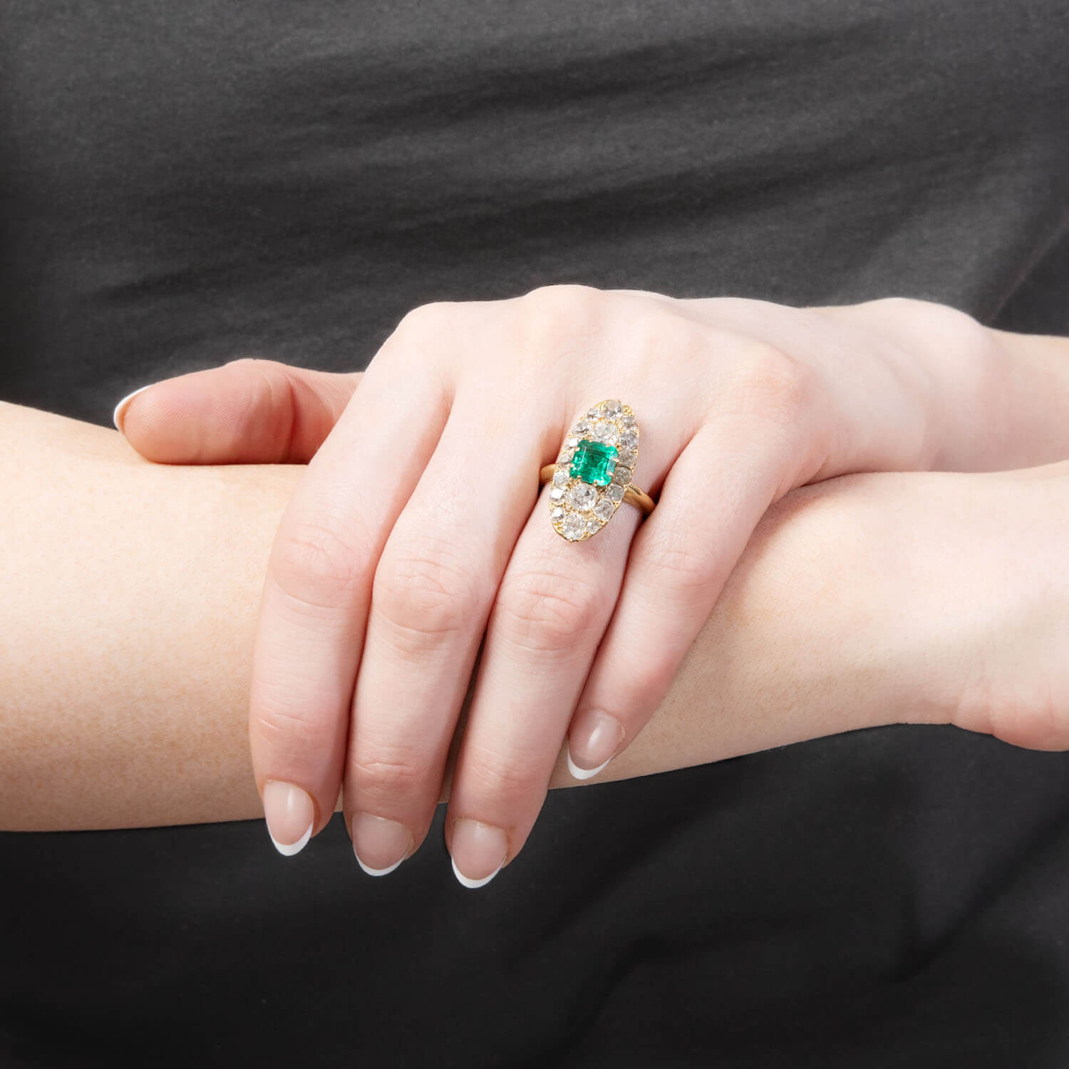 18k Gold Victorian French Emerald and Diamond Navette Ring – Elegant Vintage Jewelry for Weddings, Anniversaries & Special Occasions