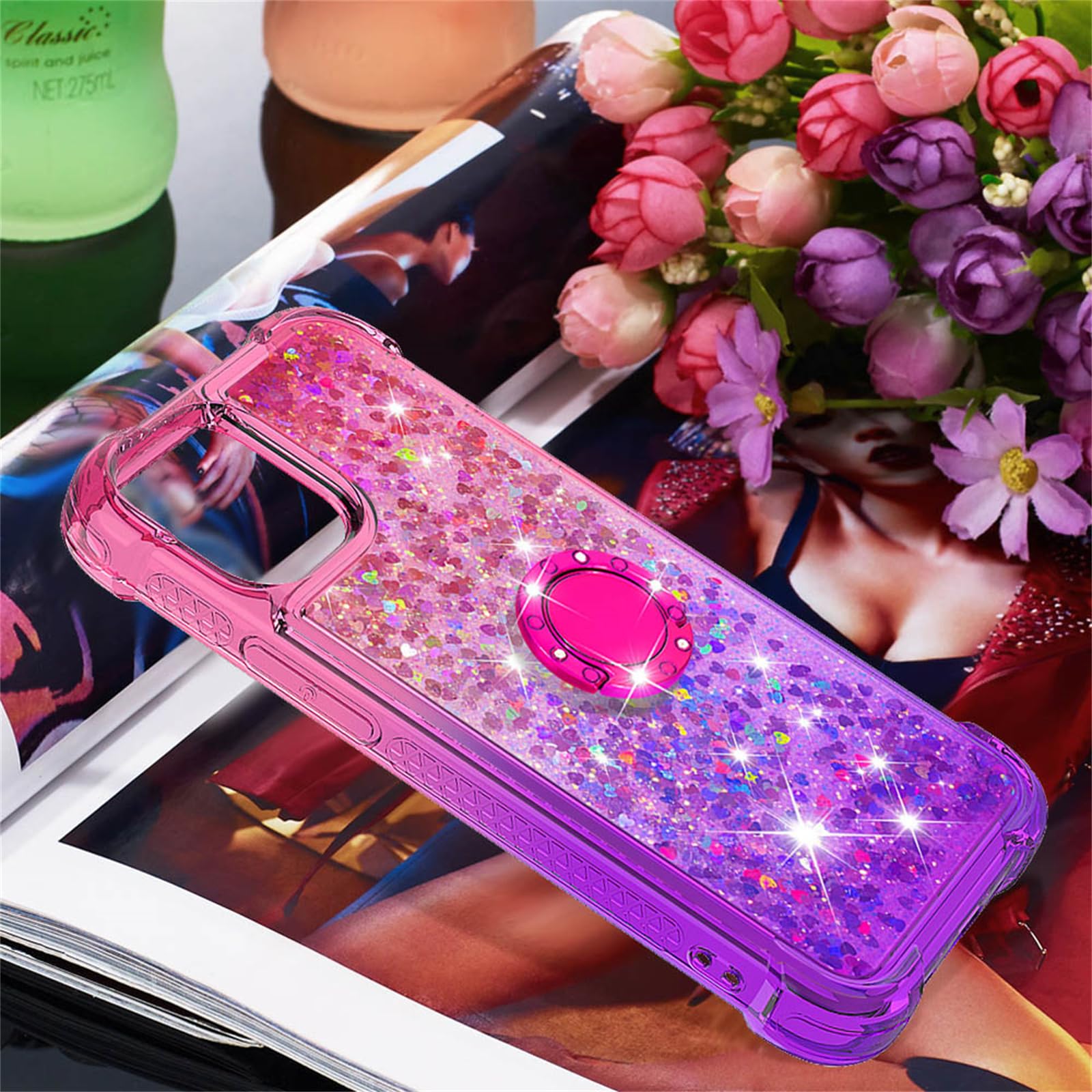 Sparkly Glitter Phone Case for Apple iPhone 15 Plus - Bling Gradient Quicksand TPU Cover with Ring Stand (Pink Purple) | Protective & Stylish Case for Women Girls | Perfect for Everyday Use, Parties & Gifting