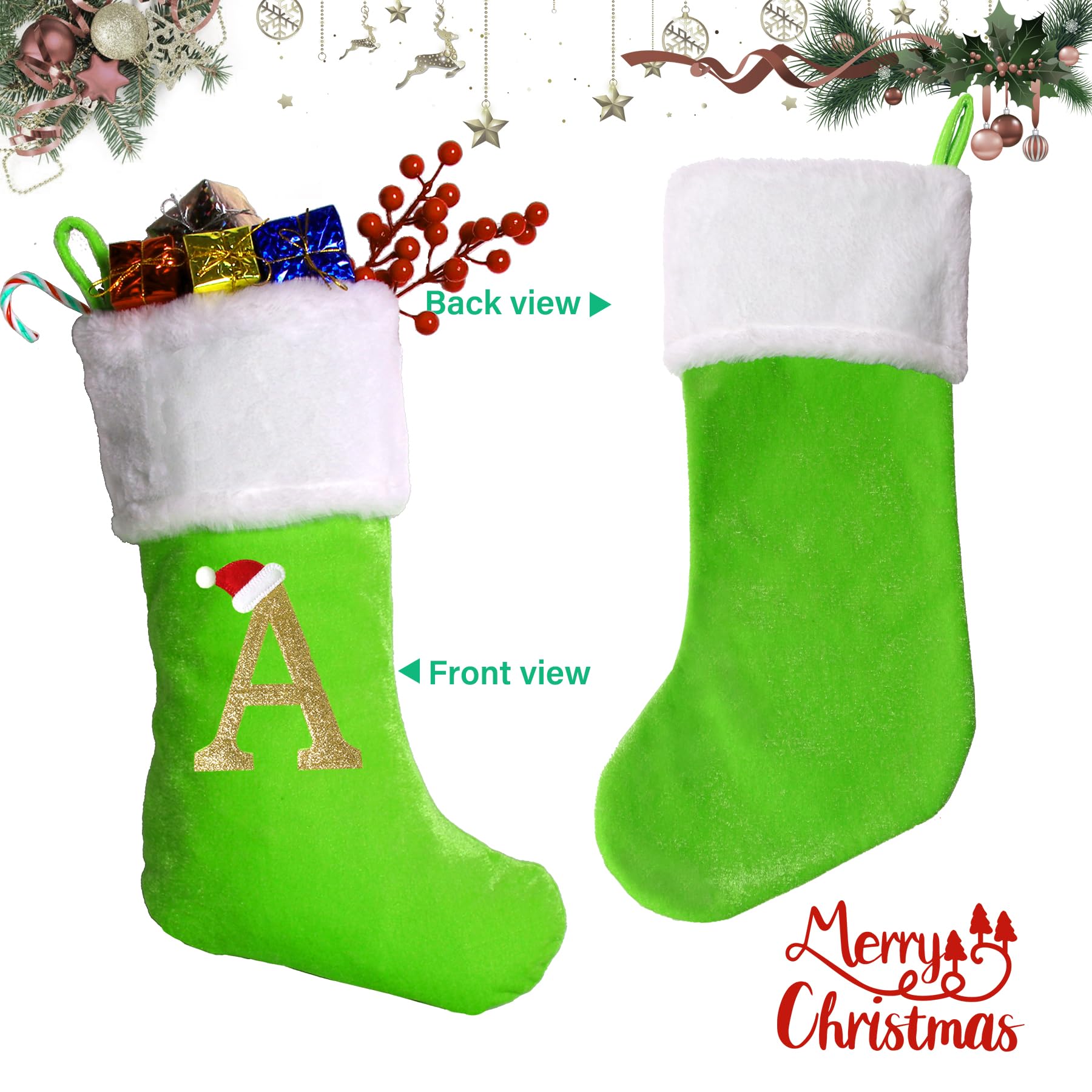 Personalized 20-Inch Monogram Christmas Stockings - Large Green Velvet Holiday Stockings with Soft Plush Cuff - Perfect for Fireplace, Xmas Tree & Holiday Decorations (Custom Letters Available)