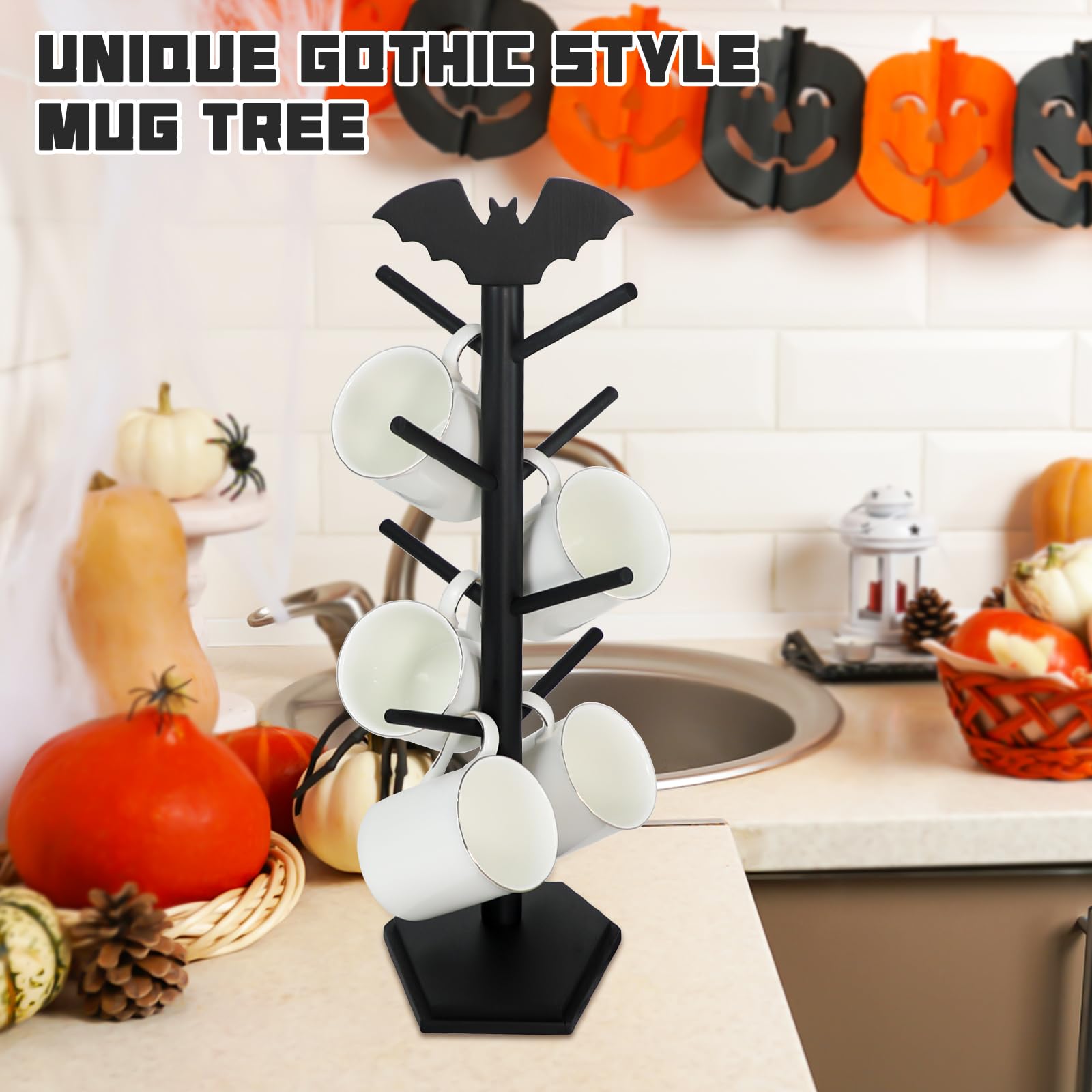 Gothic Black Bat Mug Holder Tree with 8 Hooks - Wooden Coffee Cup Rack for Kitchen Countertop - Halloween Decor & Coffee Bar Organizer - Perfect for Home, Office, and Halloween Party Decorations