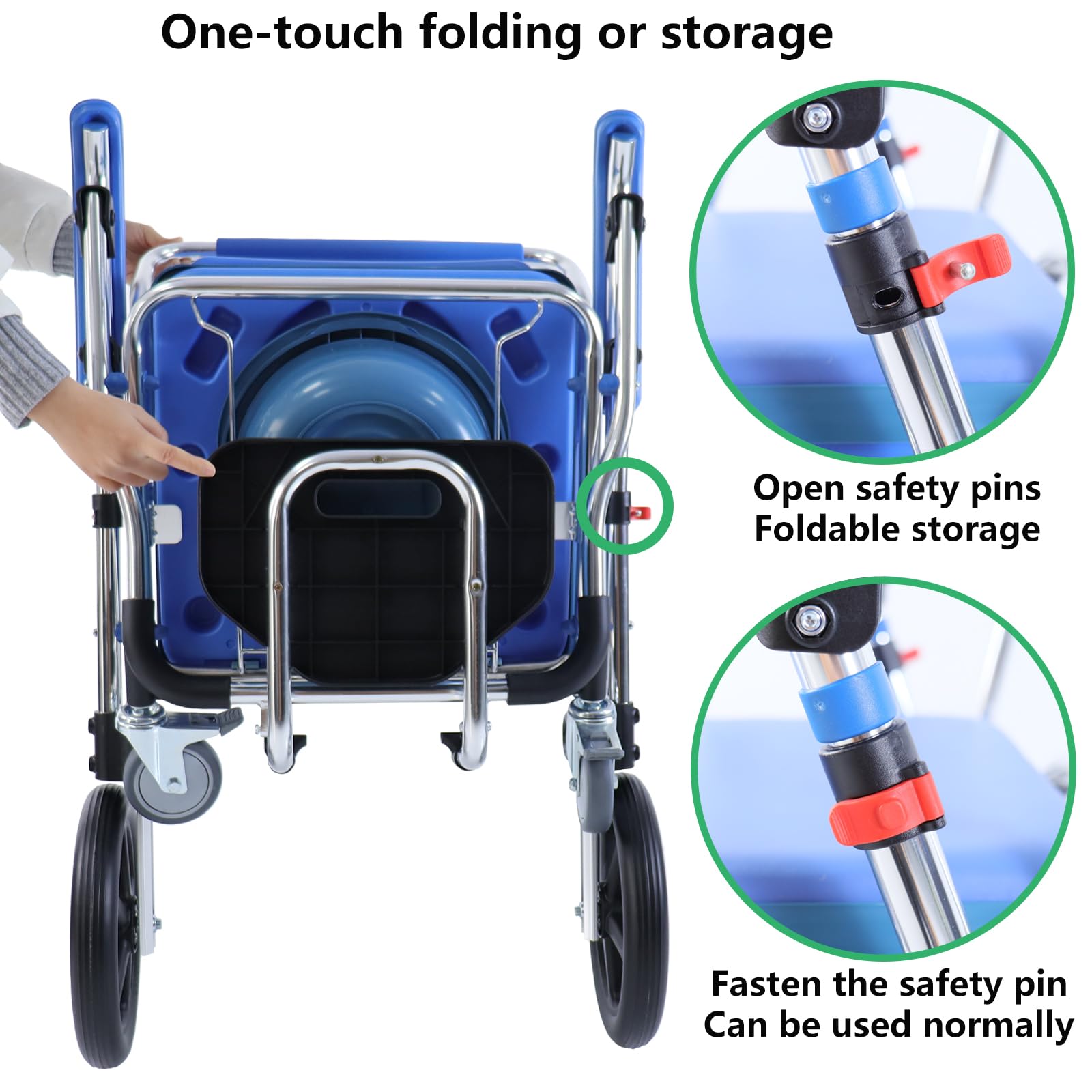 Folding Shower Commode Wheelchair - 300lbs Capacity Bariatric Commode Chair with Padded Seat, Waterproof Rolling Shower Chair with Armrests & Backrest, Mobility Aid for Elderly & Disabled - Ideal for Small Bathrooms & Home Care Use