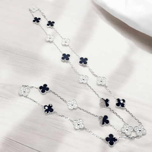 Van Cleef & Arpels 18k Gold 20 Motif Vintage Alhambra Diamond Onyx Necklace with Certificate - Luxury Jewelry for Women, Perfect for Weddings, Anniversaries & Special Occasions