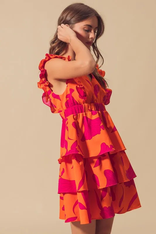 Stylish Orange Layered Resort Dress with Elastic Waist - Perfect for Beach Vacations, Summer Parties & Tropical Getaways