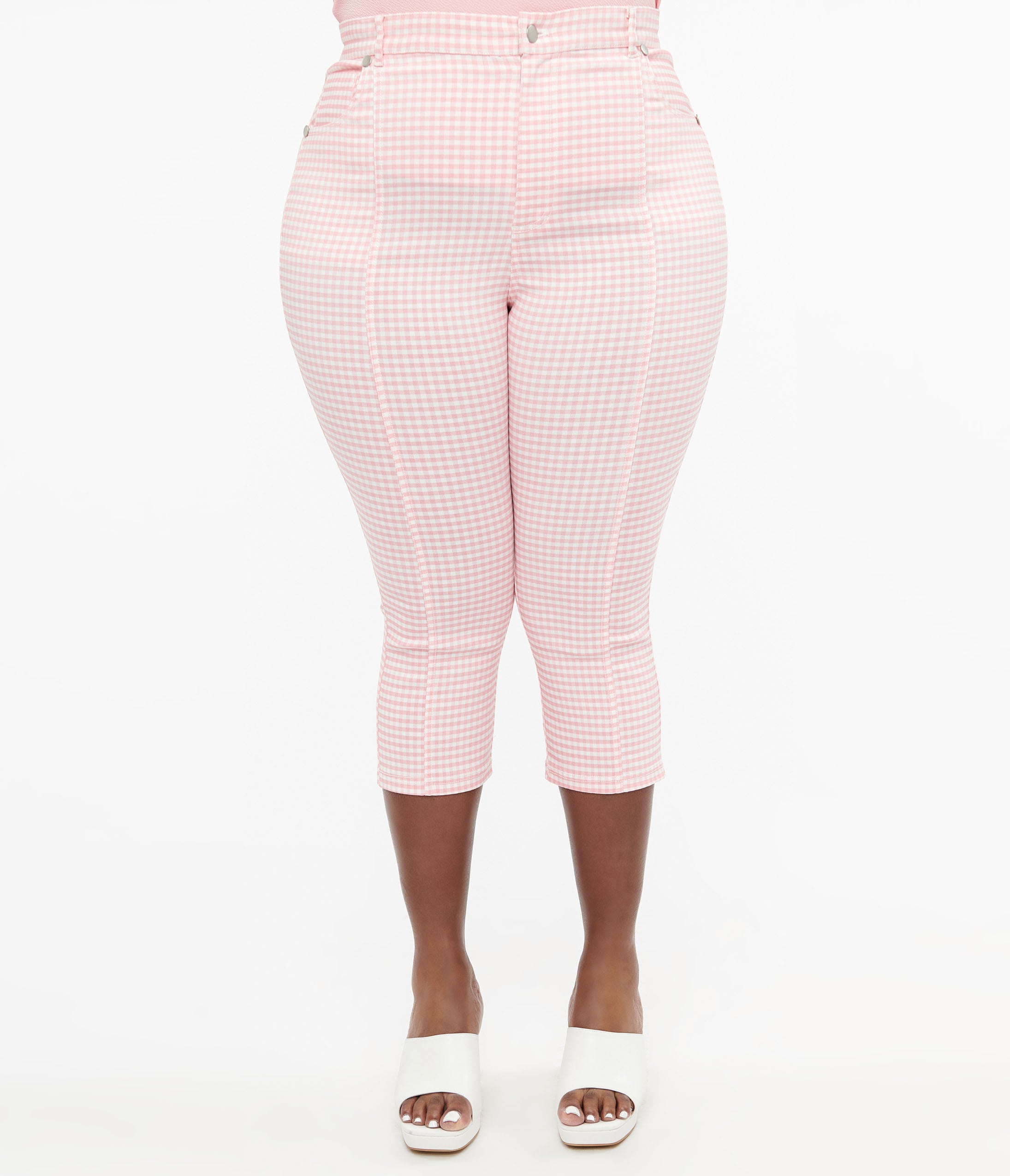 Smak Parlour Plus Size Pink & White Gingham Capri Pants for Women - Comfortable Stretch Summer Casual Pants for Beach, Vacation & Everyday Wear