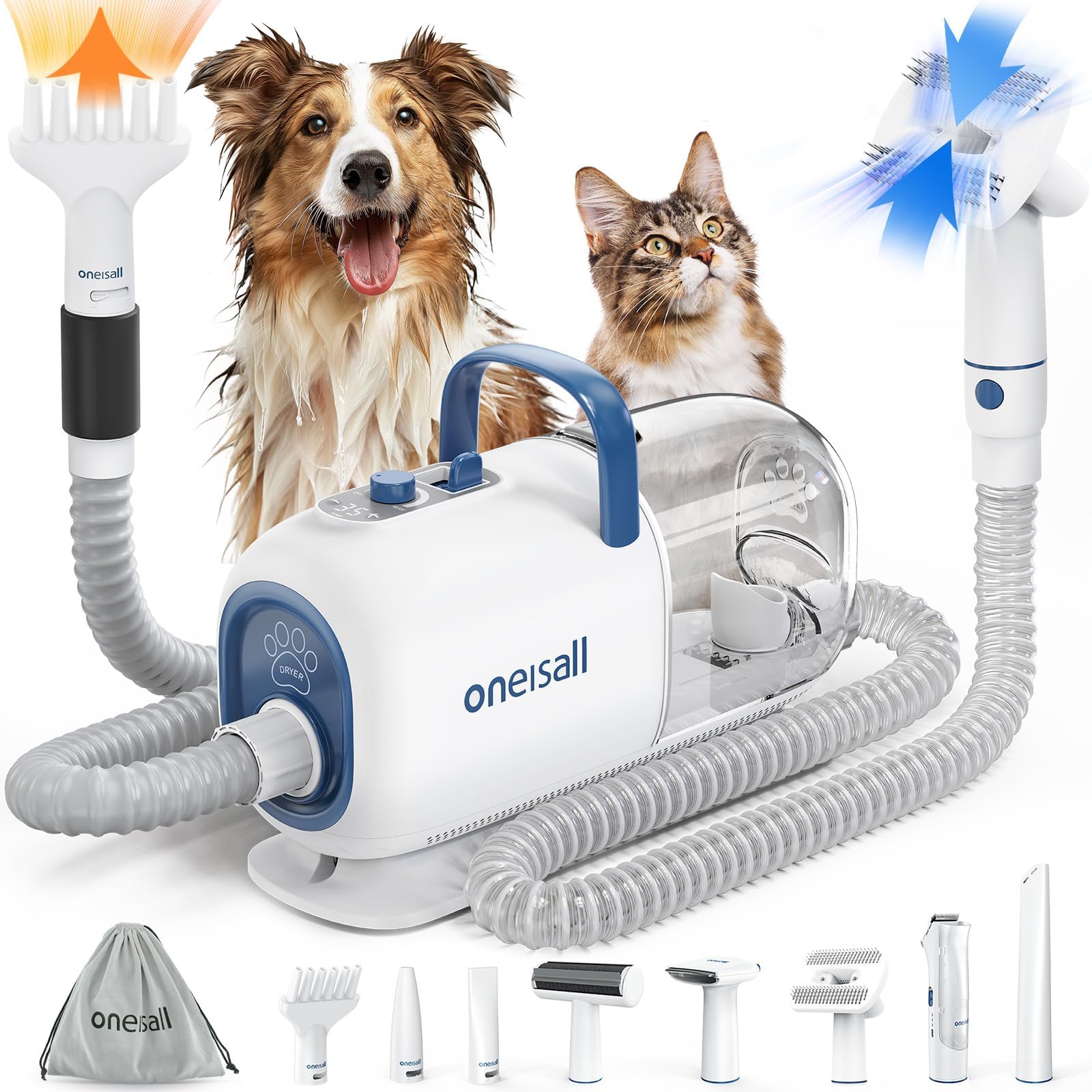 Oneisall 8-in-1 Dog Grooming Kit with Vacuum & Dryer - Pet Hair Clippers with Metal Blades, Adjustable Speed & Temperature Control - Perfect for Shedding, Bathing & Professional Grooming at Home