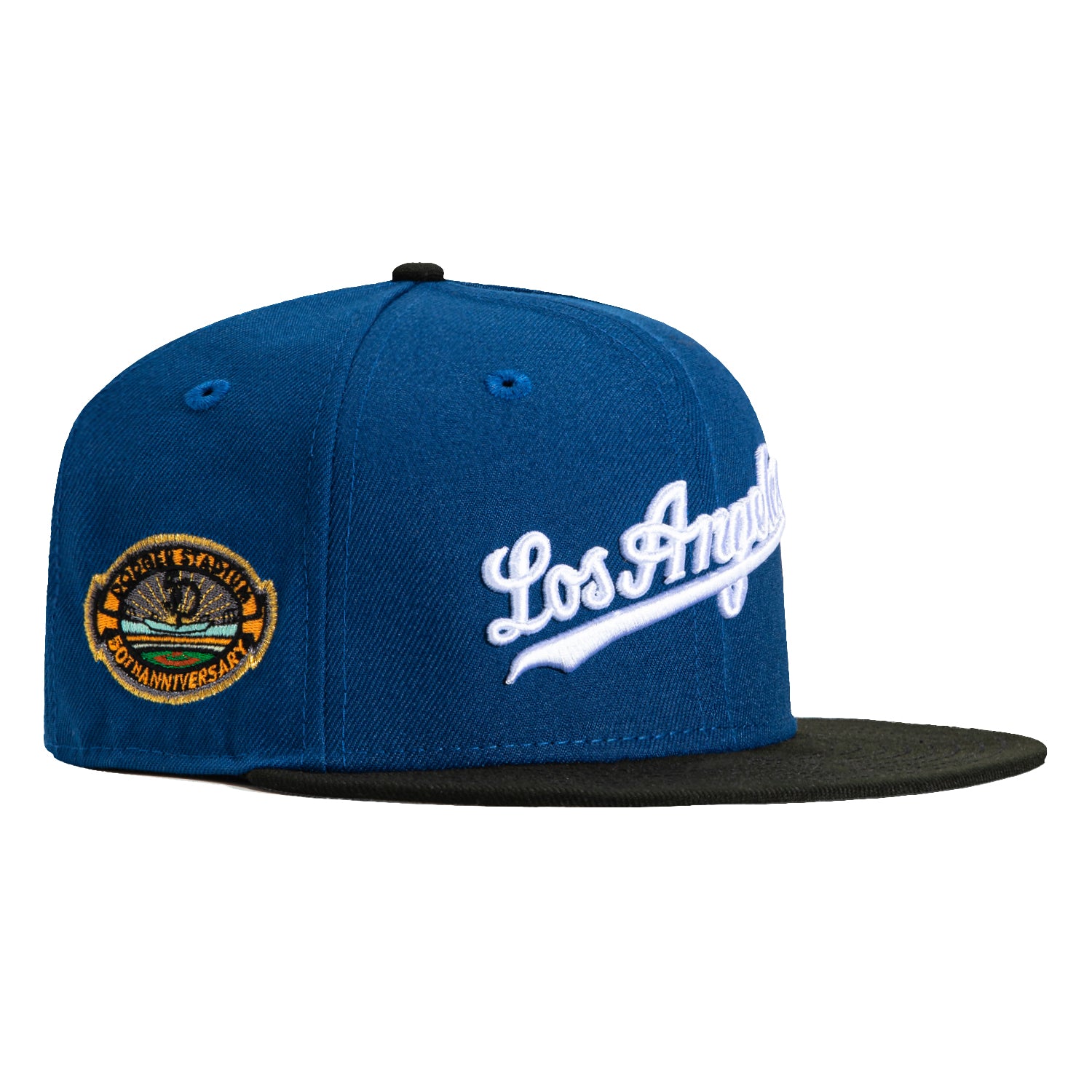 New Era 59Fifty Los Angeles Dodgers 50th Anniversary Snapback Hat with Embroidered Stadium Patch - Royal & Black Colorway | Perfect for Baseball Games, Sports Events & Streetwear Fashion
