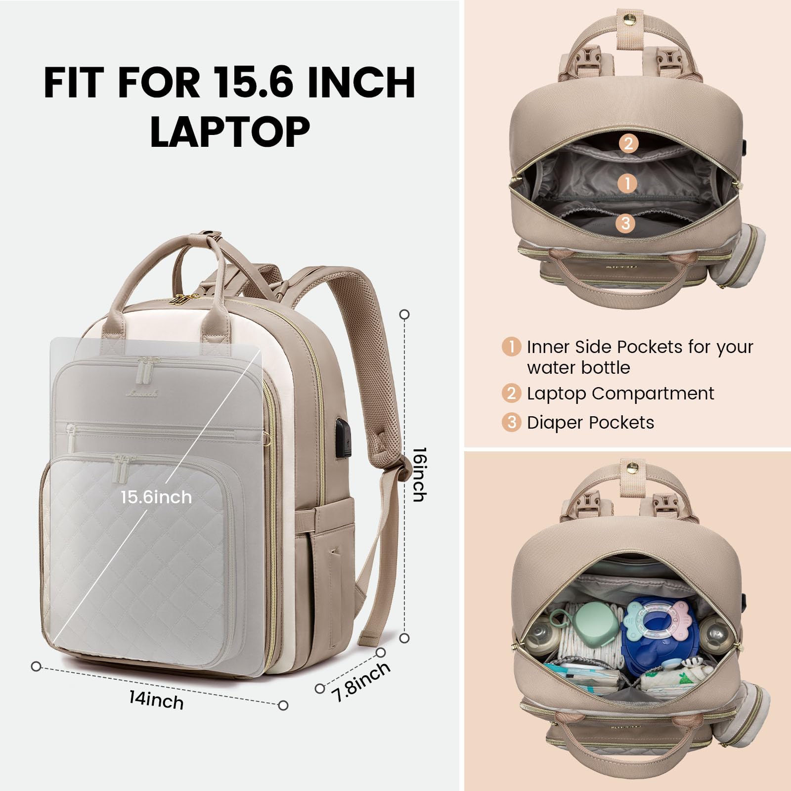 LOVEVOOK Waterproof Baby Diaper Backpack with USB Charging Port - Large Capacity Diaper Bag Fits 15.6 Inch Laptop - Perfect for Travel, Daycare & Parenting Essentials (Apricot)