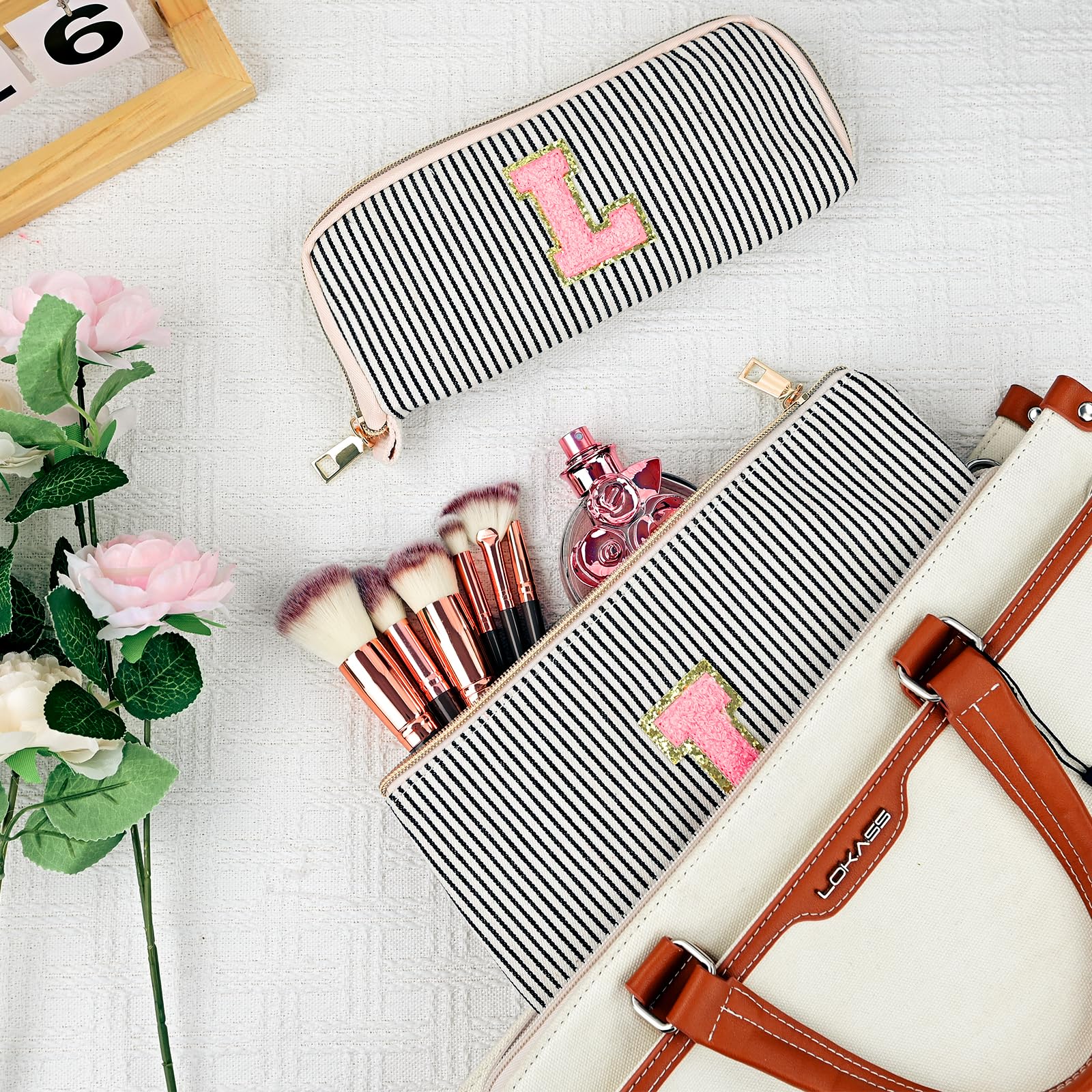 Personalized Initial Cute Pink Cosmetic Bag for Women | Makeup Pouch Organizer | Travel Toiletry Bag | Perfect Graduation Gifts for Girls 10-14, Birthday Gifts for Her, Mom, Girlfriend, Wife & Teacher | Great for Travel, School & Everyday Use | Black