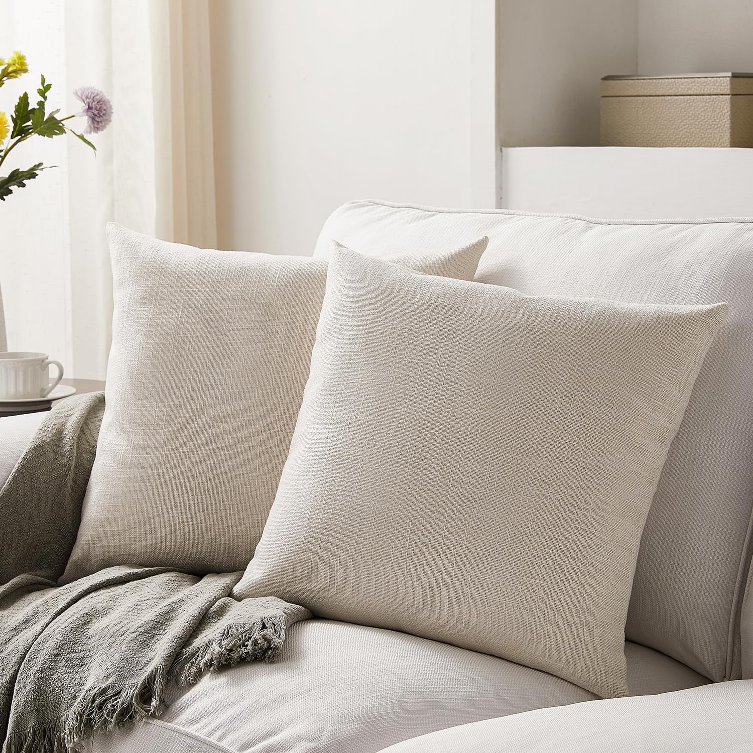 Meekio Set of 2 Ivory Linen Pillow Covers 16x16 Inch - Farmhouse Boho Decorative Throw Pillow Covers for Sofa, Couch, Bed - Soft Cushion Covers for Living Room, Bedroom & Home Décor