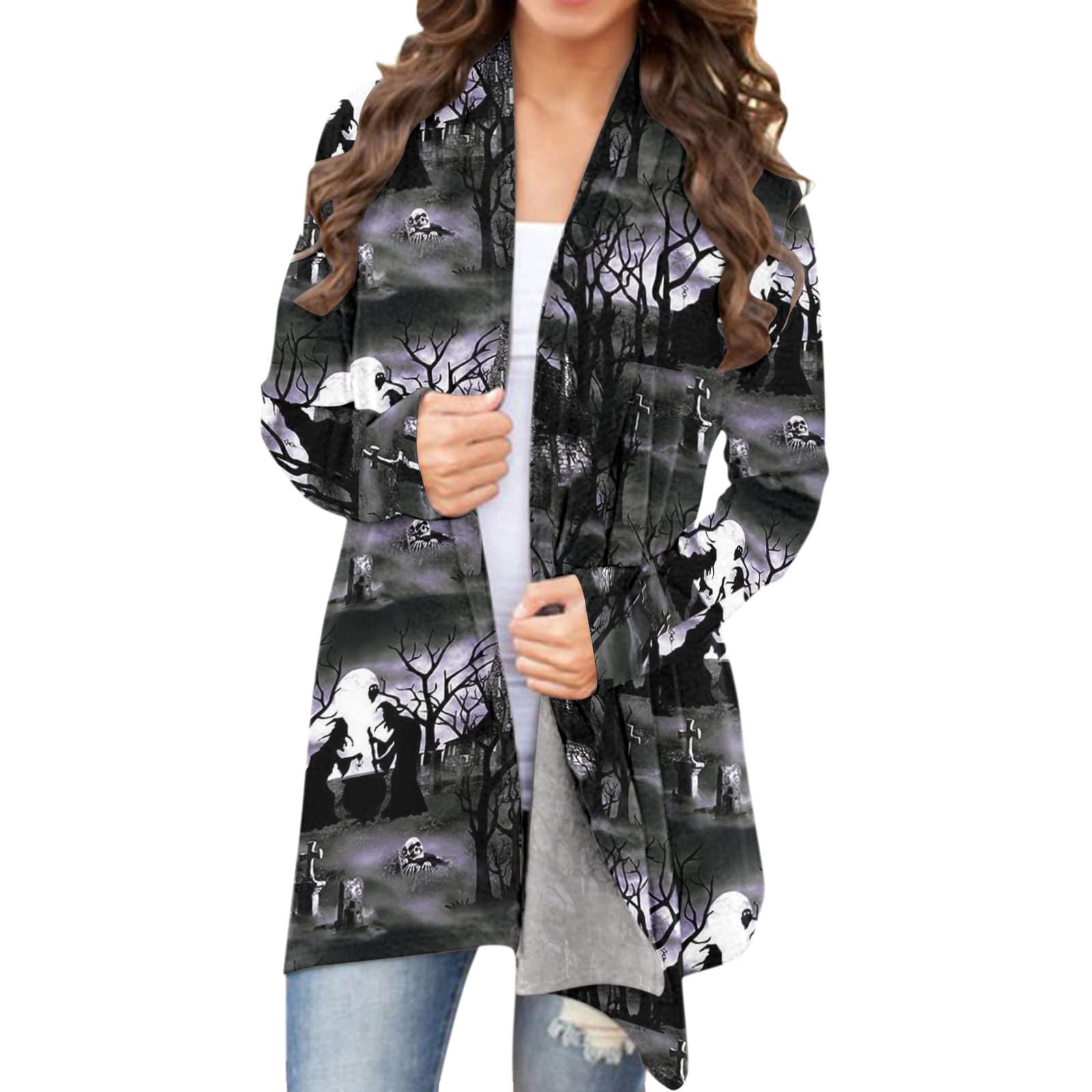 Women's Halloween Cat & Pumpkin Print Cardigan - Cozy Winter Jacket for Casual Outfits & Holiday Parties | Fashion Blouse for Fall & Winter Seasons