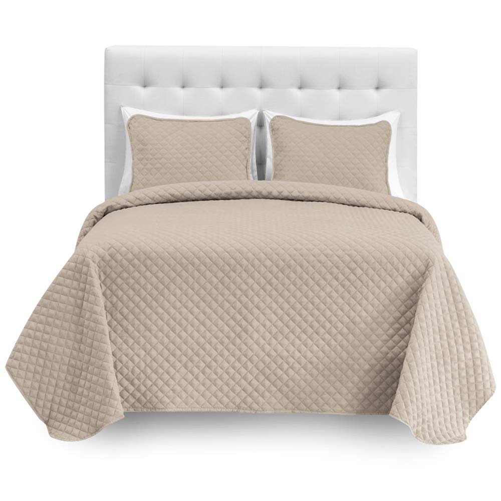 Bare Home Split Queen Coverlet Set with Microfiber Sheet Set - Diamond Stitched Lightweight Bedspread - Ultra Soft Bedding for Guest Rooms & Master Suites (Sand Coverlet, White Sheets) - Perfect for Hotels, Vacation Homes & Cozy Bedrooms
