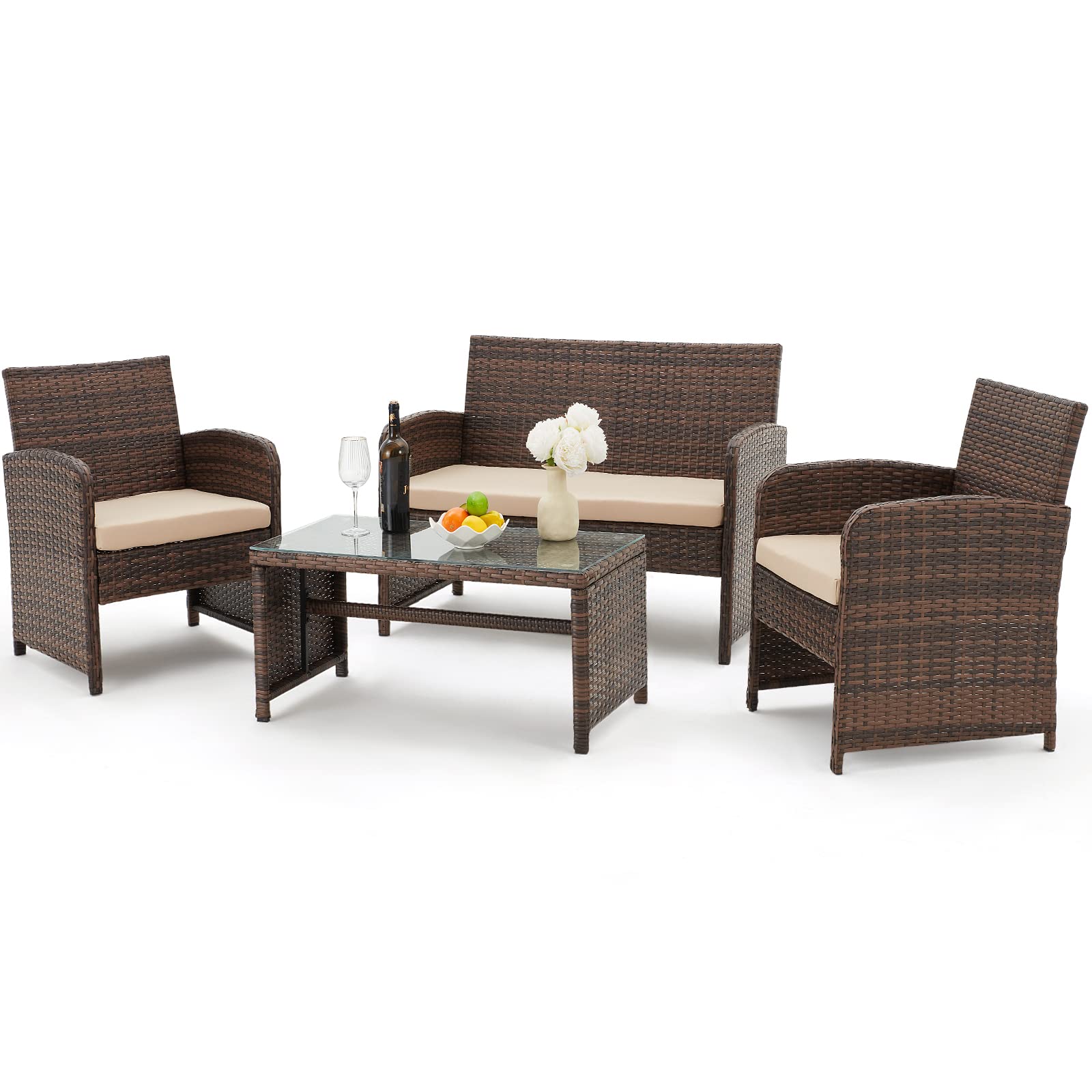 AVAWING 4-Piece Outdoor Patio Furniture Set - All-Weather Wicker Rattan Chairs with Tempered Glass Coffee Table & Cushions - Beige Conversation Set for Garden, Backyard, Balcony, Porch & Poolside - Perfect for Relaxing, Entertaining & Outdoor Dining