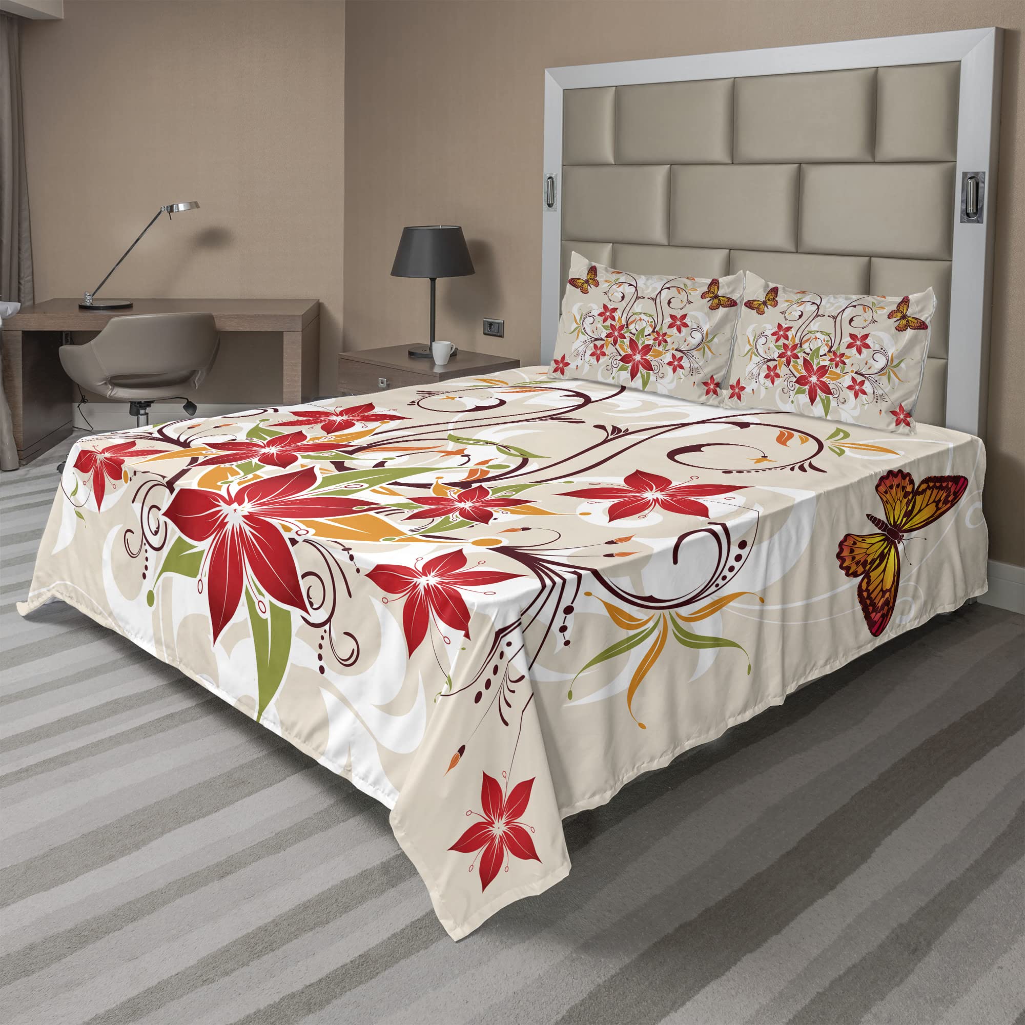 Ambesonne Floral Sheet Set 4-Piece King Size - Butterflies & Swirled Blossoms Botanical Design, Beige Green Red Bedding with Fitted Sheet, Flat Sheet & Pillowcases | Perfect for Master Bedroom, Guest Room & Bohemian Home Decor
