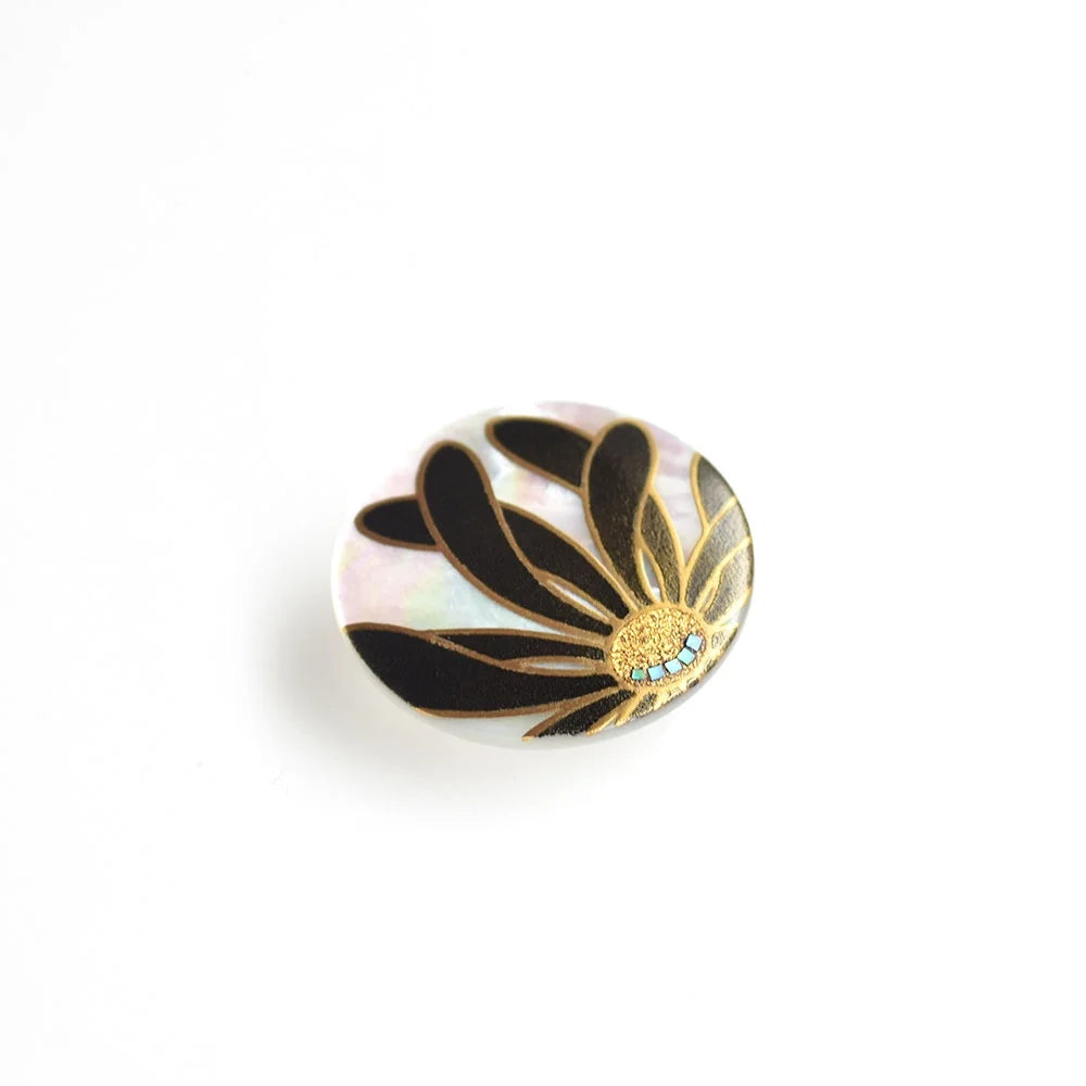 Handcrafted Japanese Maki-e Urushi Lacquer Brooch with White South Sea Pearl Shell & Chrysanthemum Design - Traditional Black Lacquer Jewelry for Women | Perfect for Formal Occasions, Weddings & Cultural Events