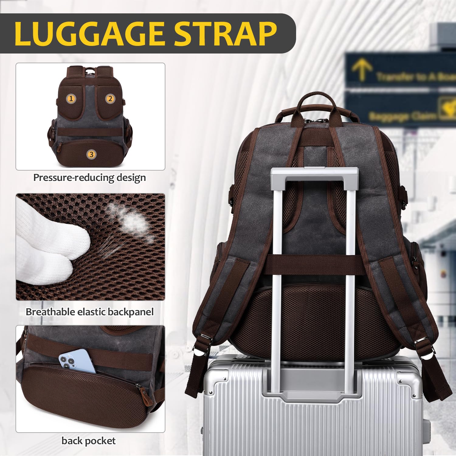17.3 Inch Waxed Canvas Laptop Backpack for Men - XL Travel & Business Computer Backpack, Durable College Daypack (Black/Gray) - Perfect for Commuting, Work & School