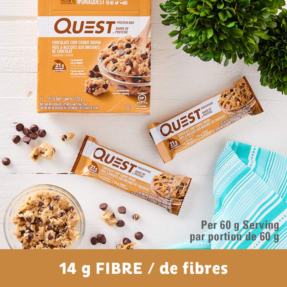Quest Nutrition Protein Bar - Chocolate Chip Cookie Dough Flavor | 21g Protein, 1g Sugar, Keto Friendly, High Fiber | Perfect for Post-Workout Recovery & Healthy Snacking (12 Count)
