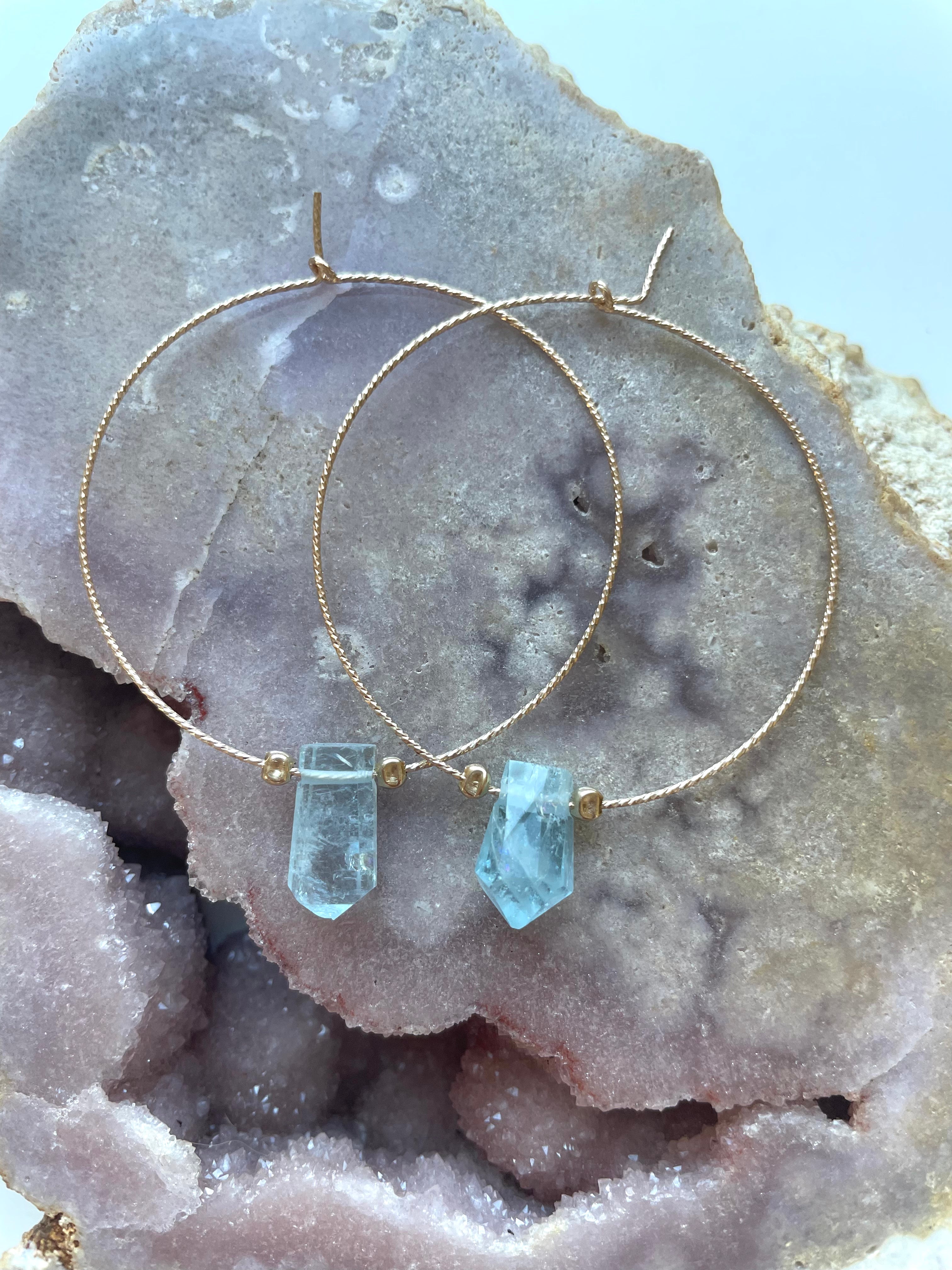 Thin Aquamarine Boho Hoop Earrings - 14K Gold Filled Dainty Jewelry for Women - Perfect for Beach Weddings & Boho Fashion