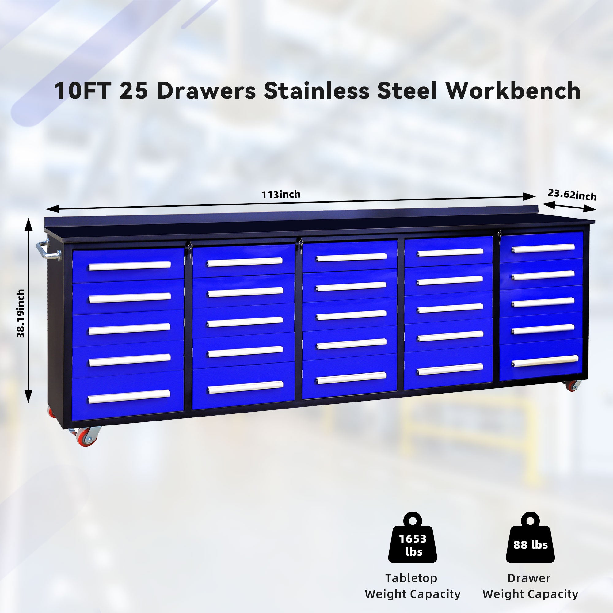 10ft Heavy Duty Workbench with 25 Storage Drawers - Blue | Garage Workshop Organizer, Tool Storage Solution for DIY & Professional Use
