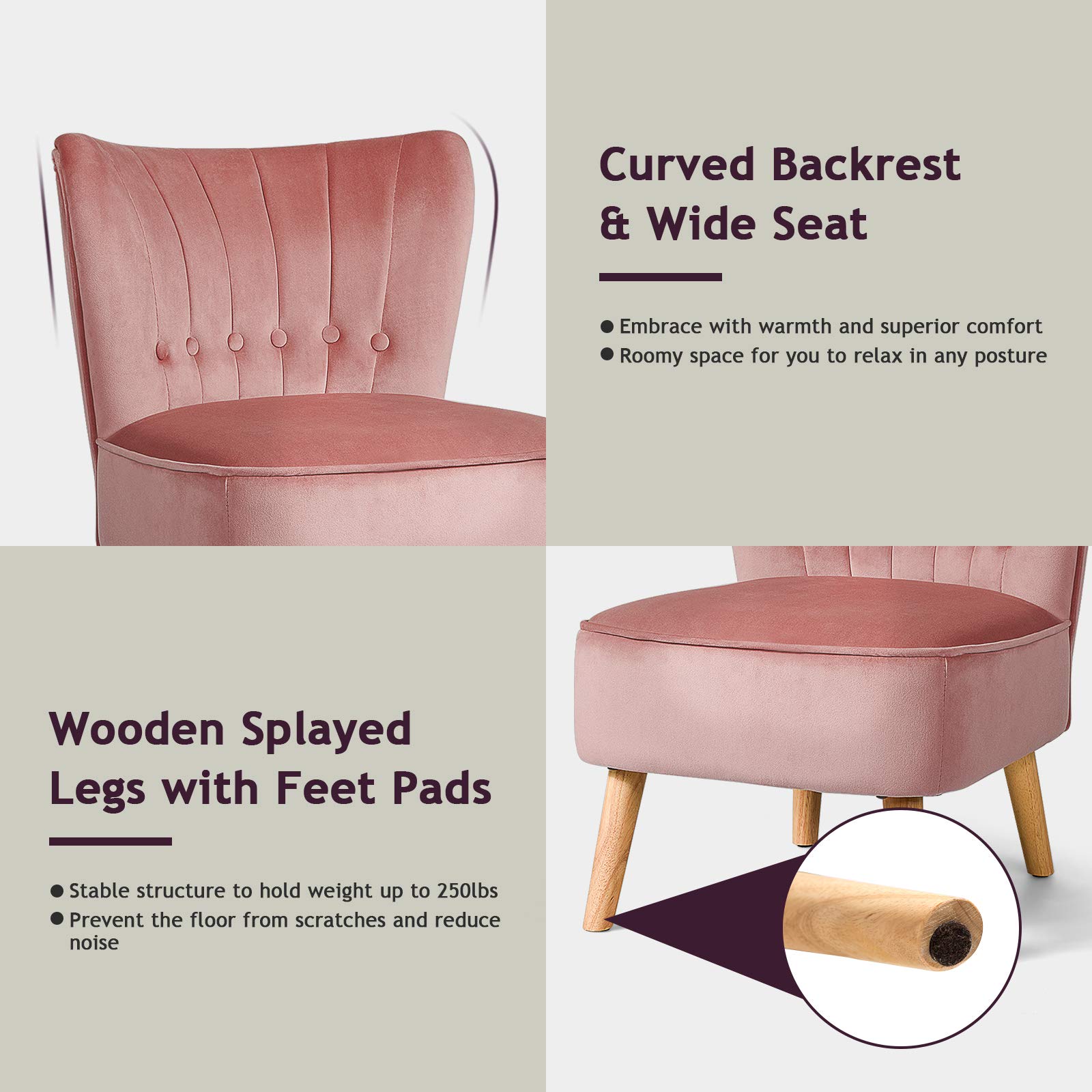 SAFSTAR Armless Accent Chair - Modern Wingback Velvet Sofa Chair with Sturdy Rubber Wood Legs & Plush Padded Seat, Upholstered Lounge Chair for Living Room, Bedroom, Office or Coffee Shop - Perfect for Relaxing, Reading & Entertaining Guests (Pink)