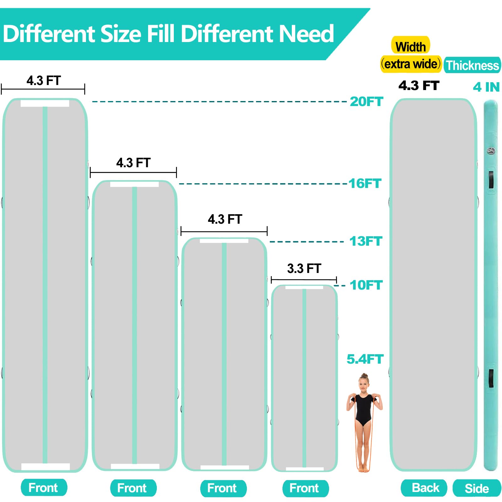 13ft/16ft/20ft Inflatable Air Gymnastics Mat - 4.3ft Wide, 4 Inches Thick Training Mat with Electric Pump for Home Gym, Cheerleading, Yoga & Water Activities | Perfect for Kids Play, Fitness Exercises & Backyard Fun