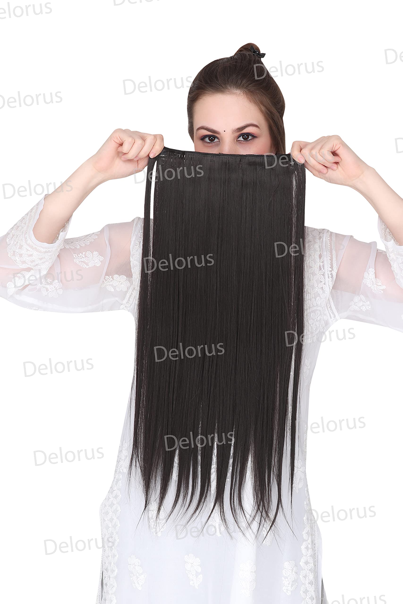 DELORUS 24 Inch Brown Clip In Hair Extensions - 5 Piece Set Thick Straight Human Hair for Women & Girls | Perfect for Volume, Length & Styling for Parties, Weddings & Daily Wear