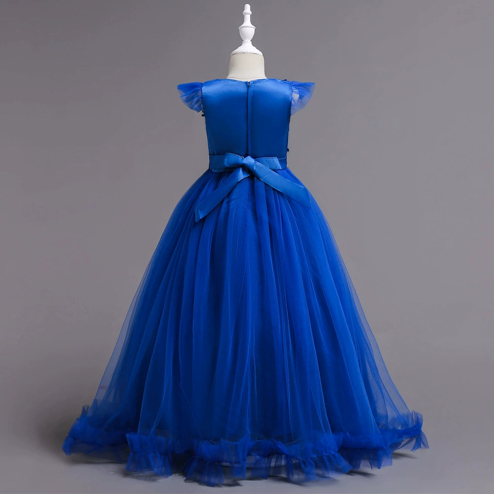 Elegant Blue A-Line Floor-Length Lace Flower Girl Dress for Weddings, Baptisms & Special Occasions