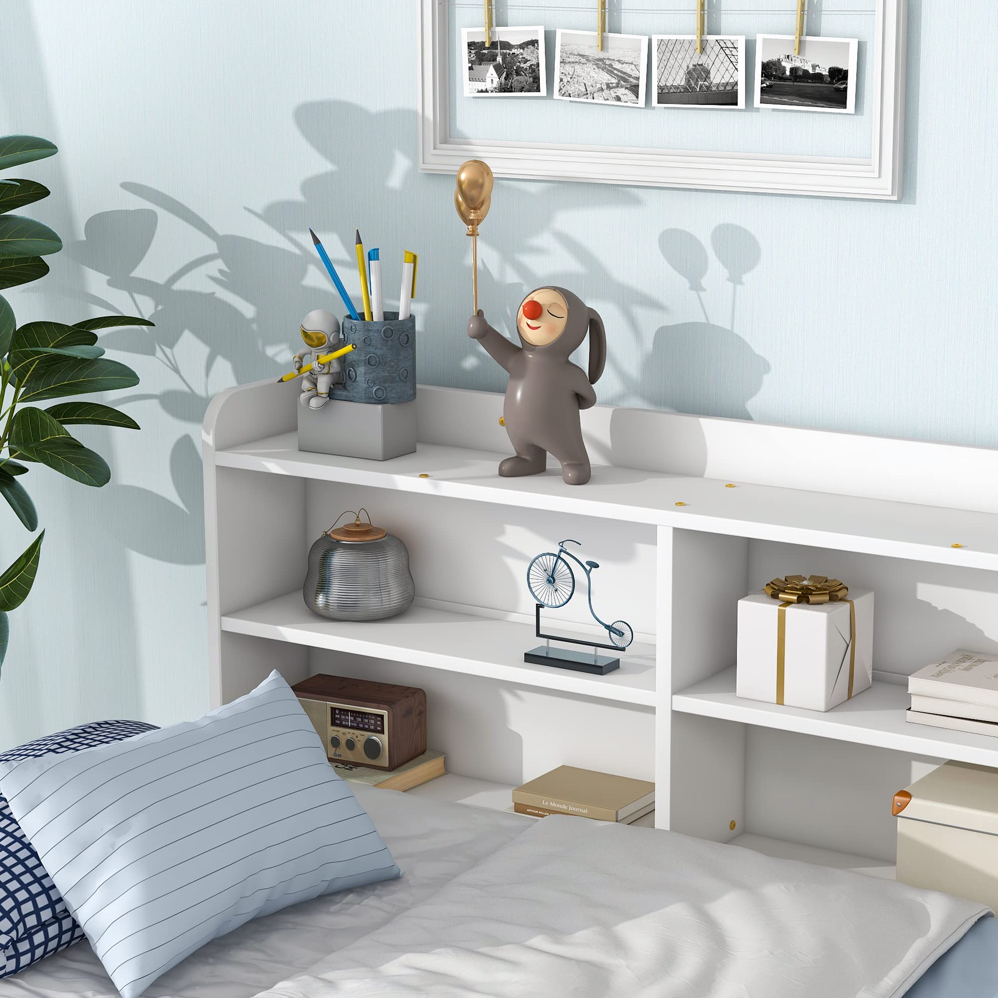 Stylish Solid Wood Platform Bed with Built-in Bookcase & 2 Storage Drawers - Twin Size, White/Pine Finish - Perfect for Small Bedrooms, Studio Apartments & Space-Saving Solutions