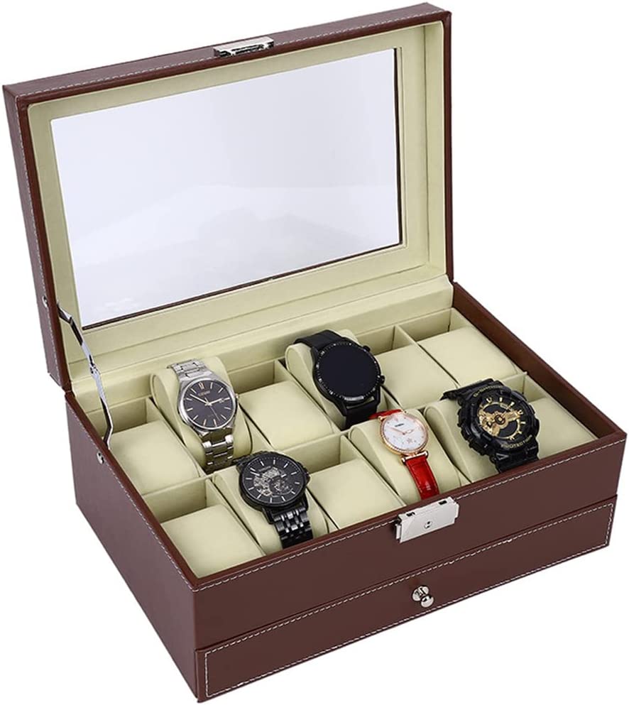 12-Slot PU Leather Lockable Watch and Jewelry Organizer Box - Brown | Secure Storage for Luxury Watches, Rings & Necklaces | Perfect for Travel, Home & Gift Giving