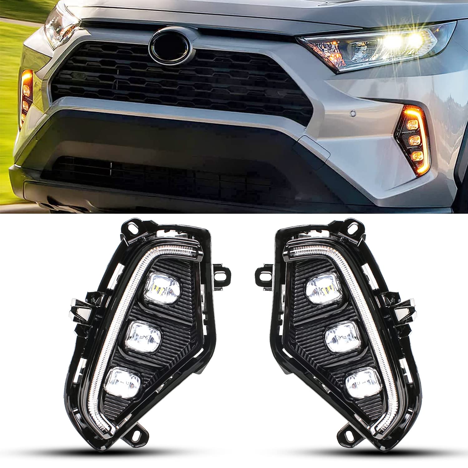 COMZY LED Fog Lights for Toyota RAV4 2019-2020 | DRL Daytime Running Lights with Amber Turn Signal | White/Yellow 2-Color Options | 1 Pair | Enhance Visibility & Style for Night Driving & Off-Road Adventures
