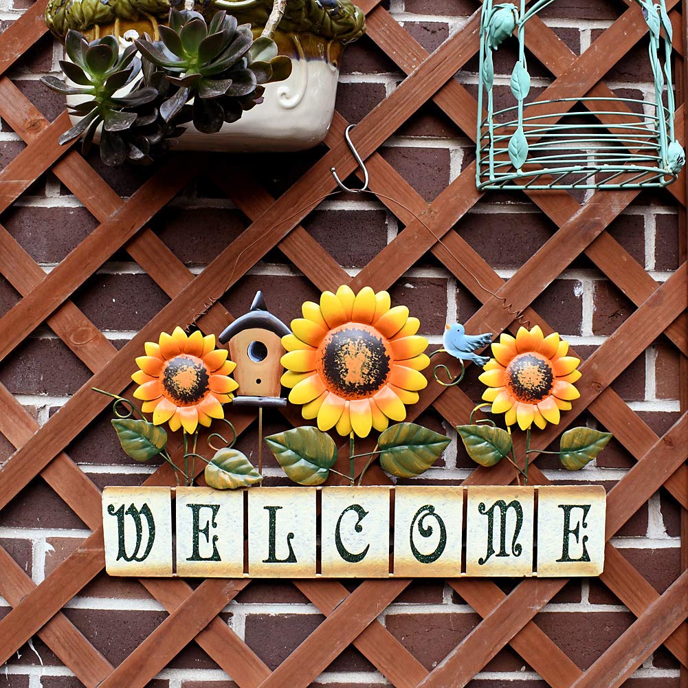 Metal Sunflower Welcome Sign - Rustic Hanging Wall Art for Indoor & Outdoor Decor - Perfect for Garden, Front Door, Patio, and Entryway