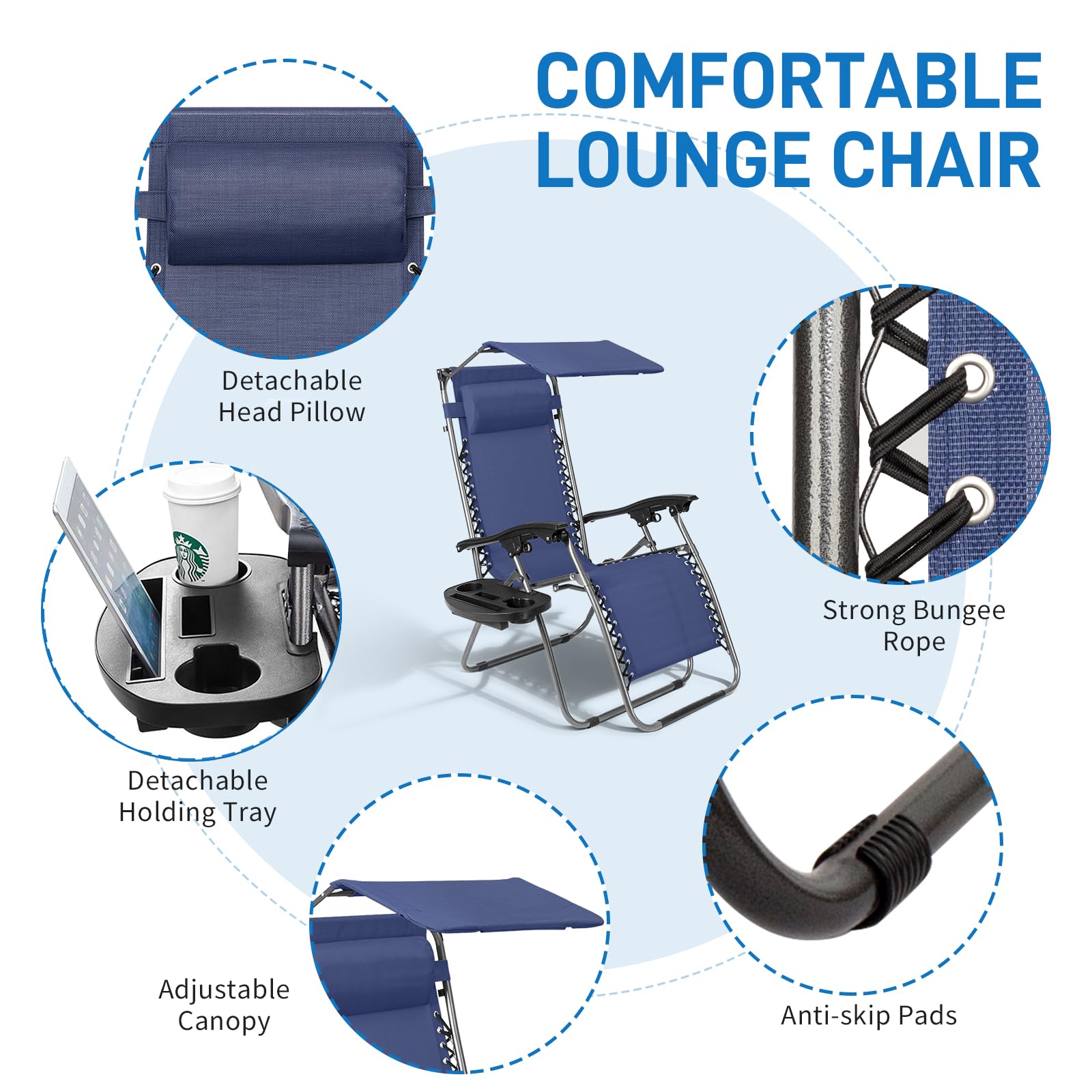 **Bonnlo Zero Gravity Lounge Chair with Adjustable Canopy - Patio Recliner with Cup Holder & Headrest - Foldable Sunshade Chair for Beach, Pool, Garden & Outdoor Relaxation (Blue, 1-Pack)**