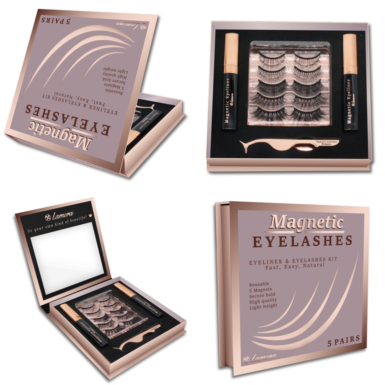 Lamora Magnetic Eyelash Set - Reusable No Glue False Eyelashes Kit with Eyeliner & Applicator - Natural Look for Daily Wear, Parties & Special Occasions - Includes Protective Gift Storage Box